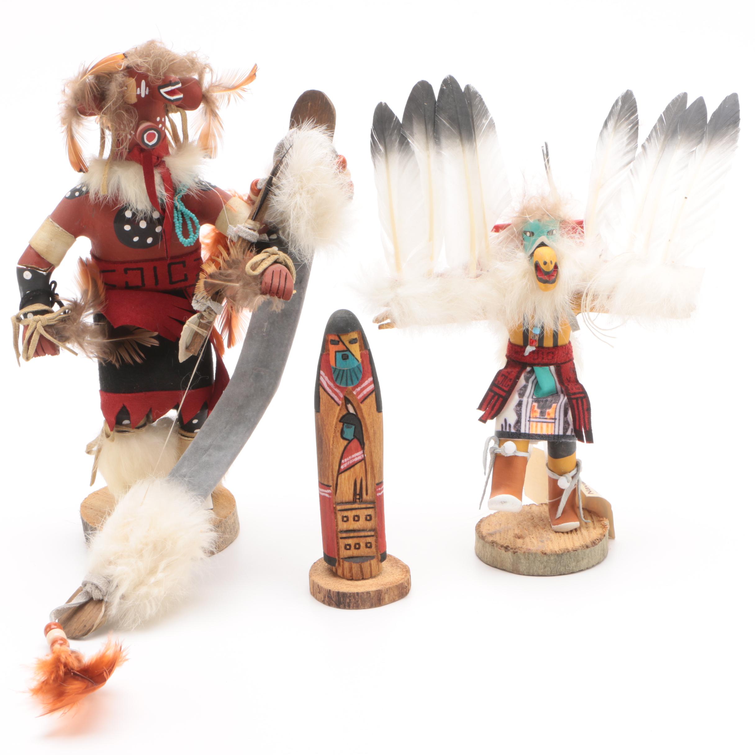 Signed Kachina Dancer Dolls including Tawa, Kwahu, and Koyemsi