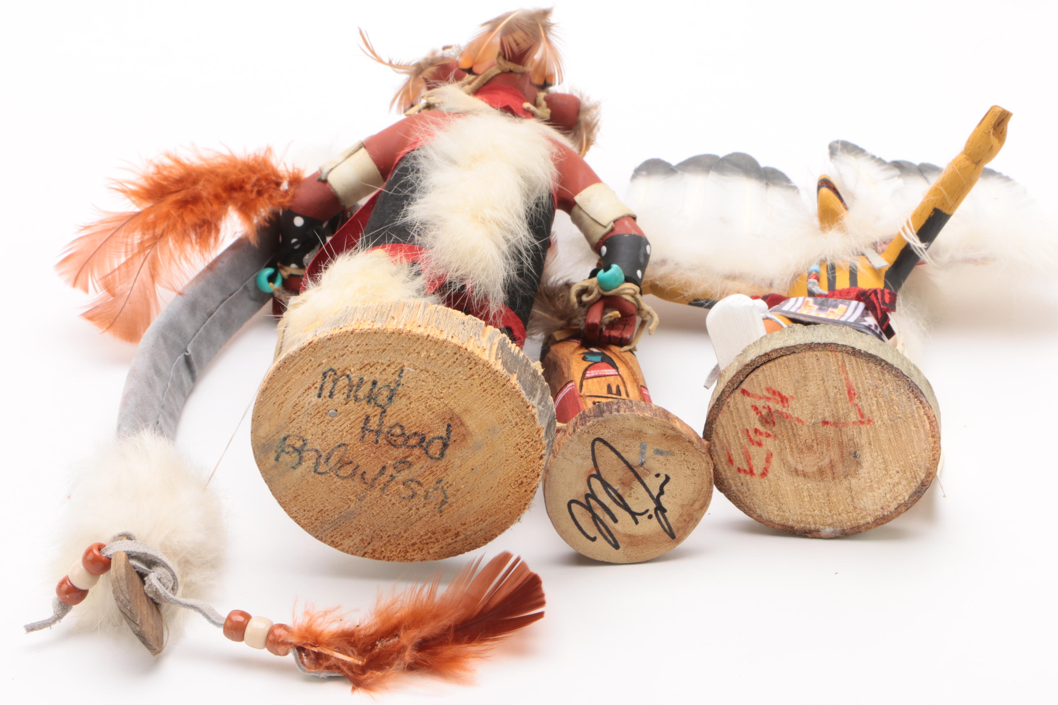 Signed Kachina Dancer Dolls including Tawa, Kwahu, and Koyemsi