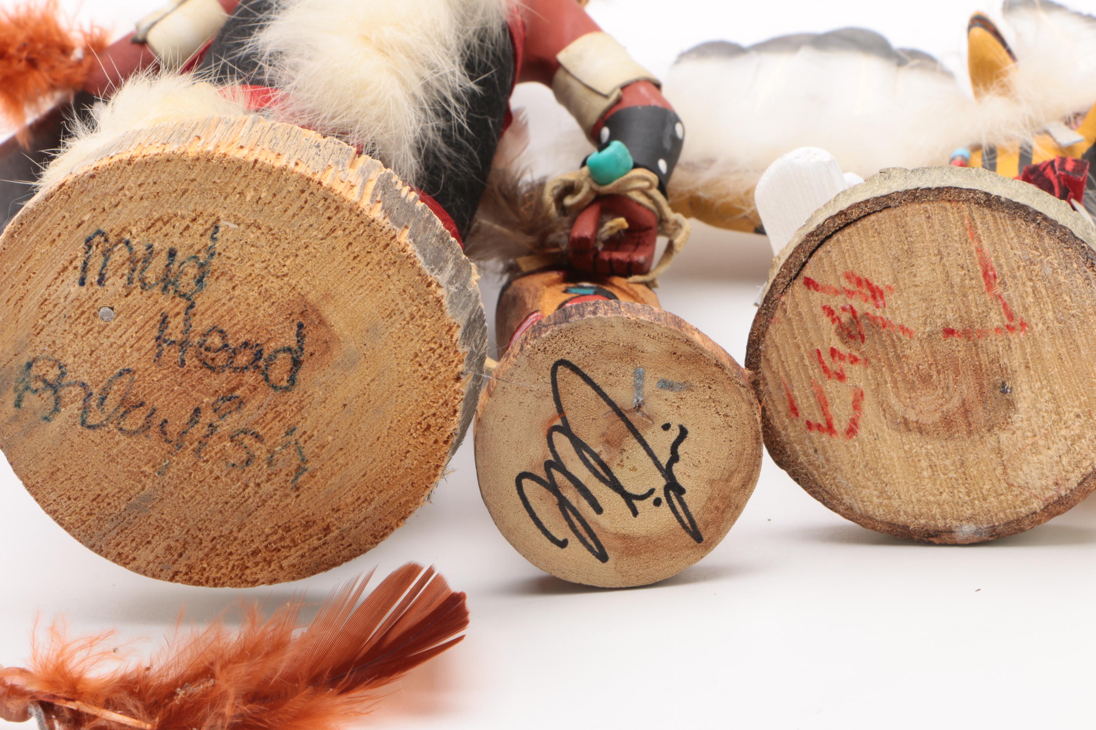 Signed Kachina Dancer Dolls including Tawa, Kwahu, and Koyemsi