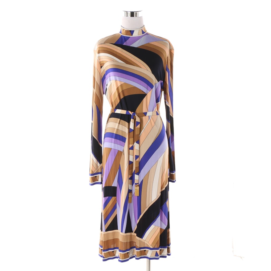 1970s Leonard Fashion Paris Abstract Stripe Print Dress with Belt