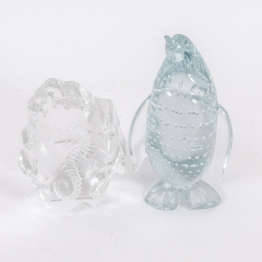 Penguin and Seahorse Art Glass Figures