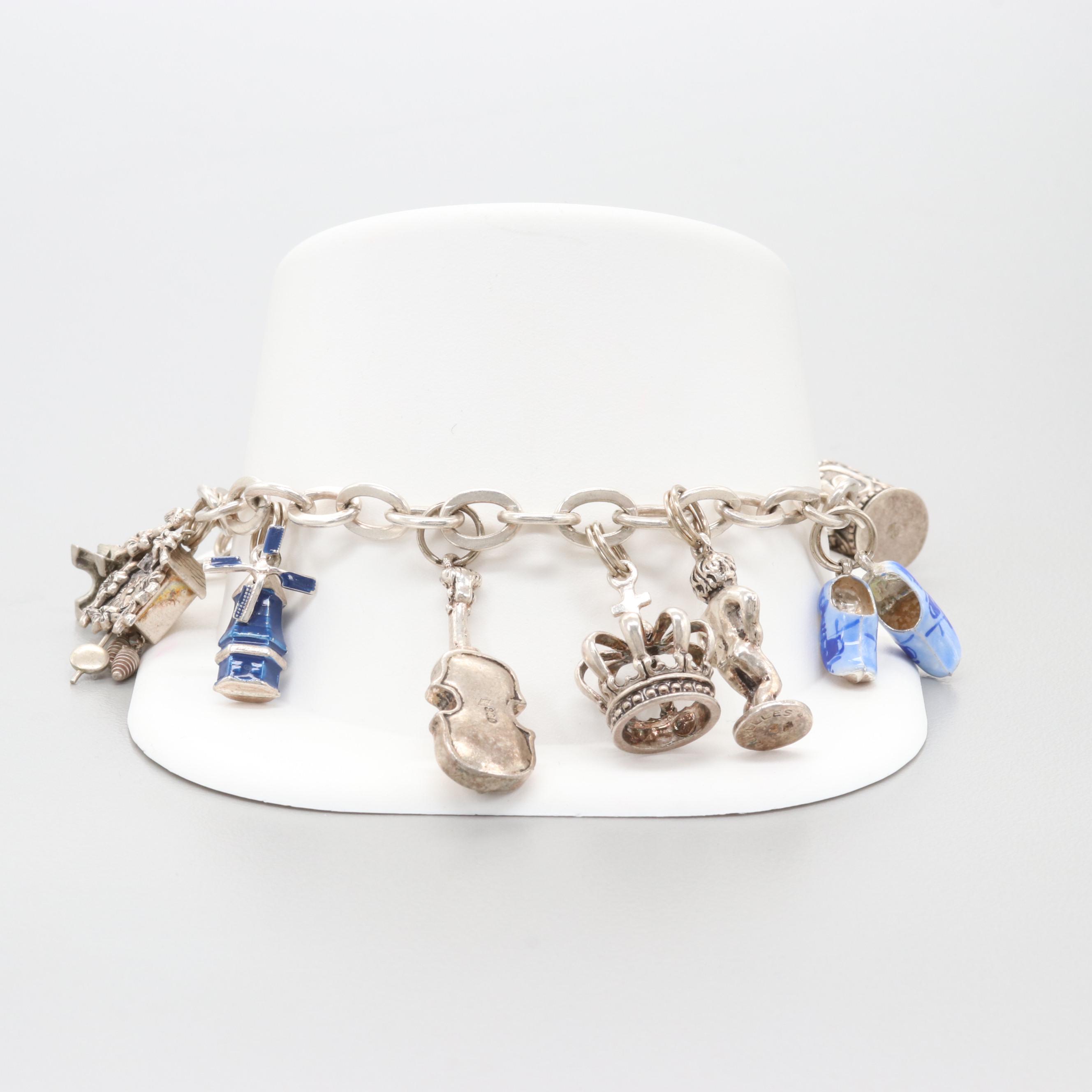 800 & 835 Silver Articulated Enamel Charm Bracelet