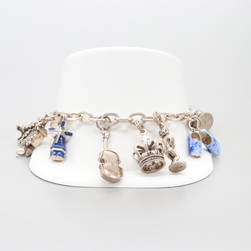 800 & 835 Silver Articulated Enamel Charm Bracelet