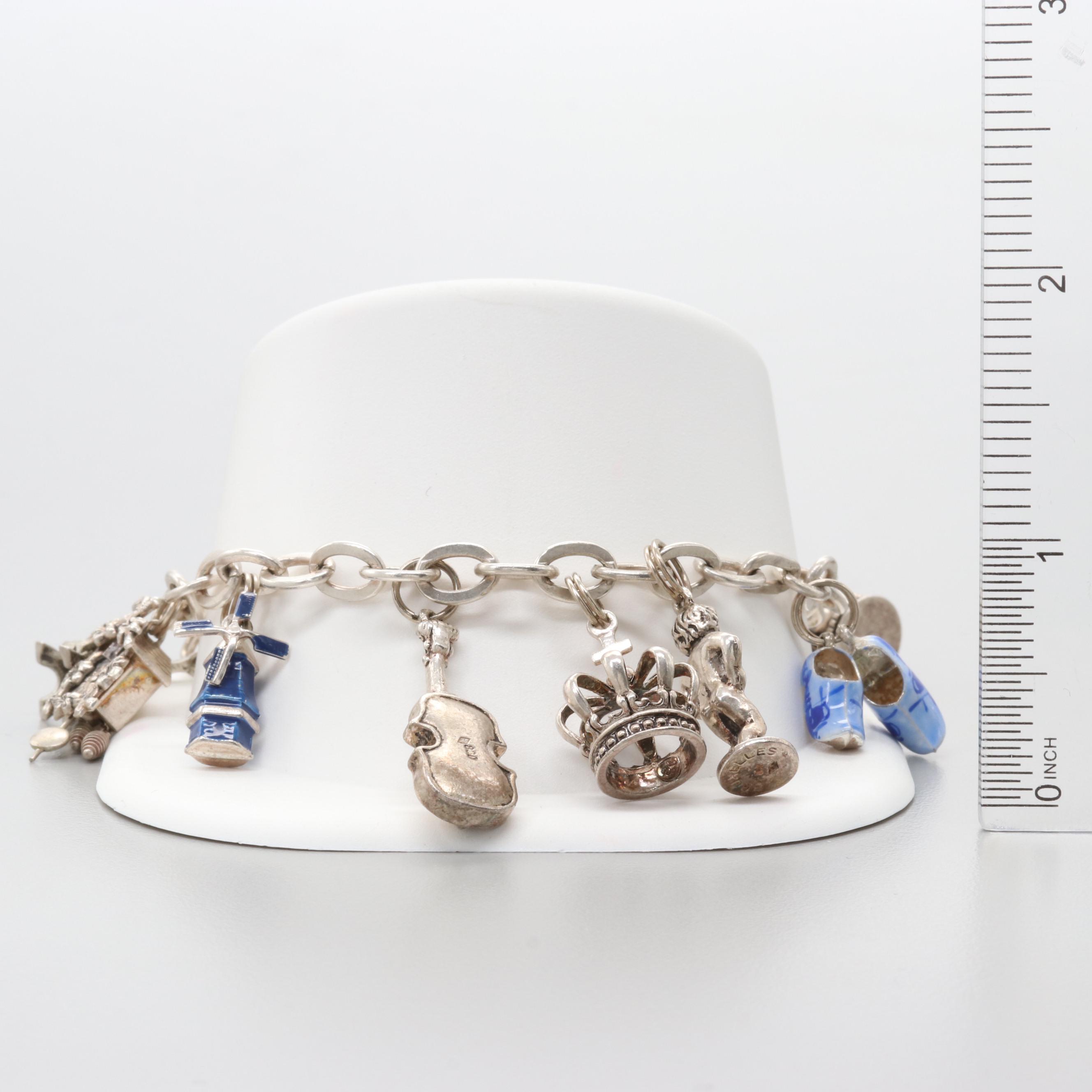 800 & 835 Silver Articulated Enamel Charm Bracelet
