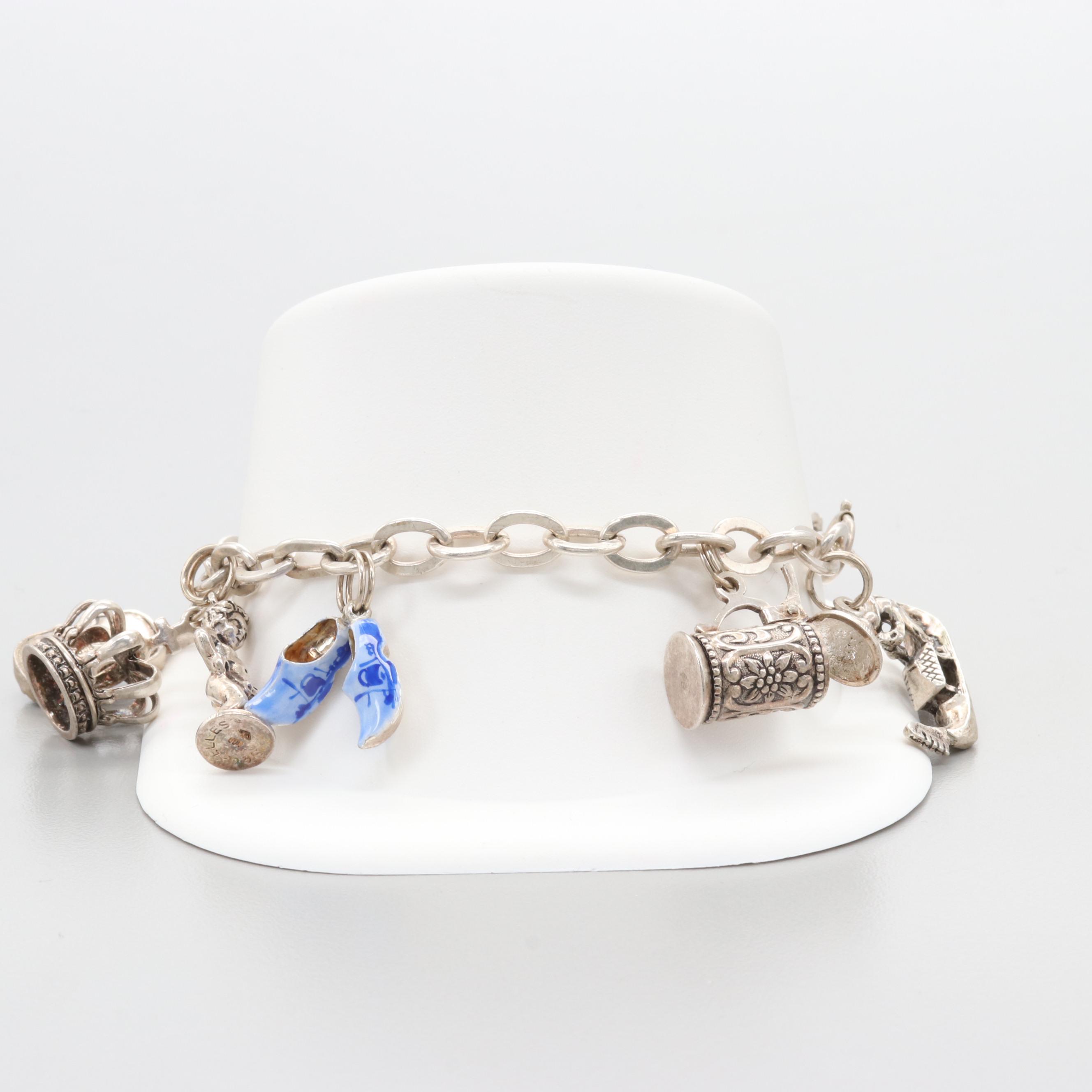 800 & 835 Silver Articulated Enamel Charm Bracelet