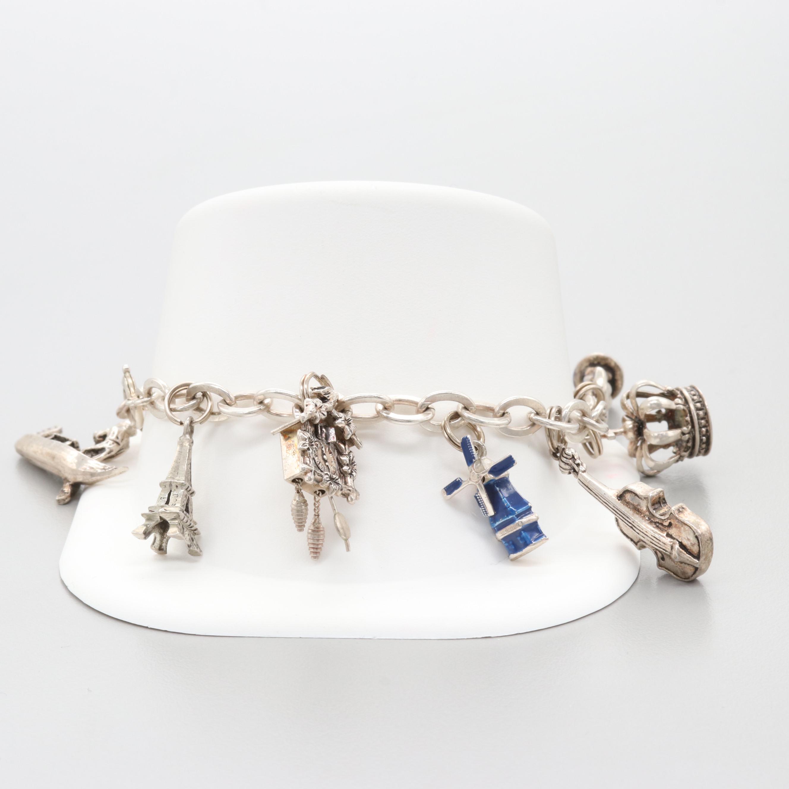 800 & 835 Silver Articulated Enamel Charm Bracelet
