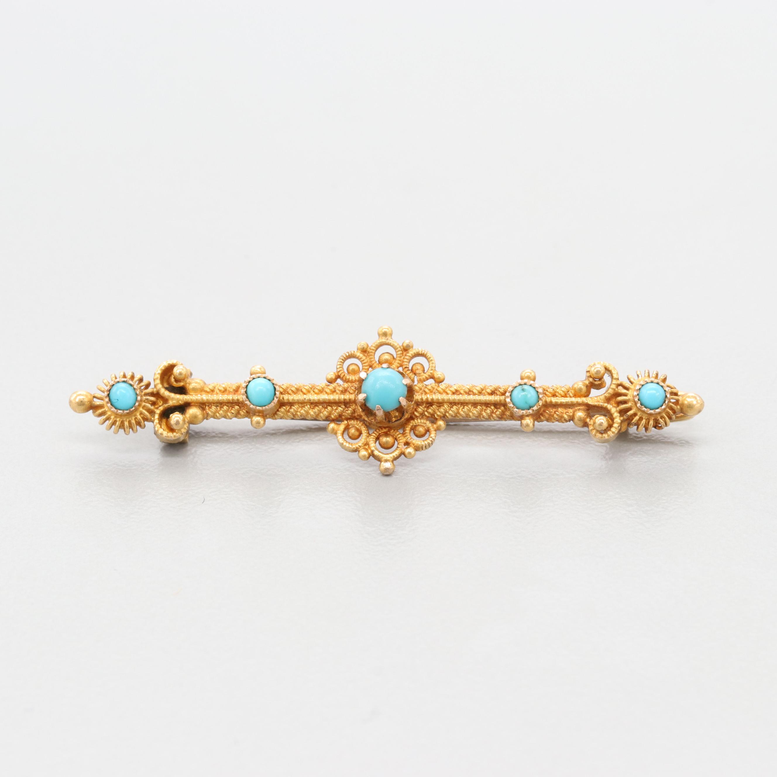 Mid Victorian Etruscan Revival 14K Yellow Gold Turquoise Brooch