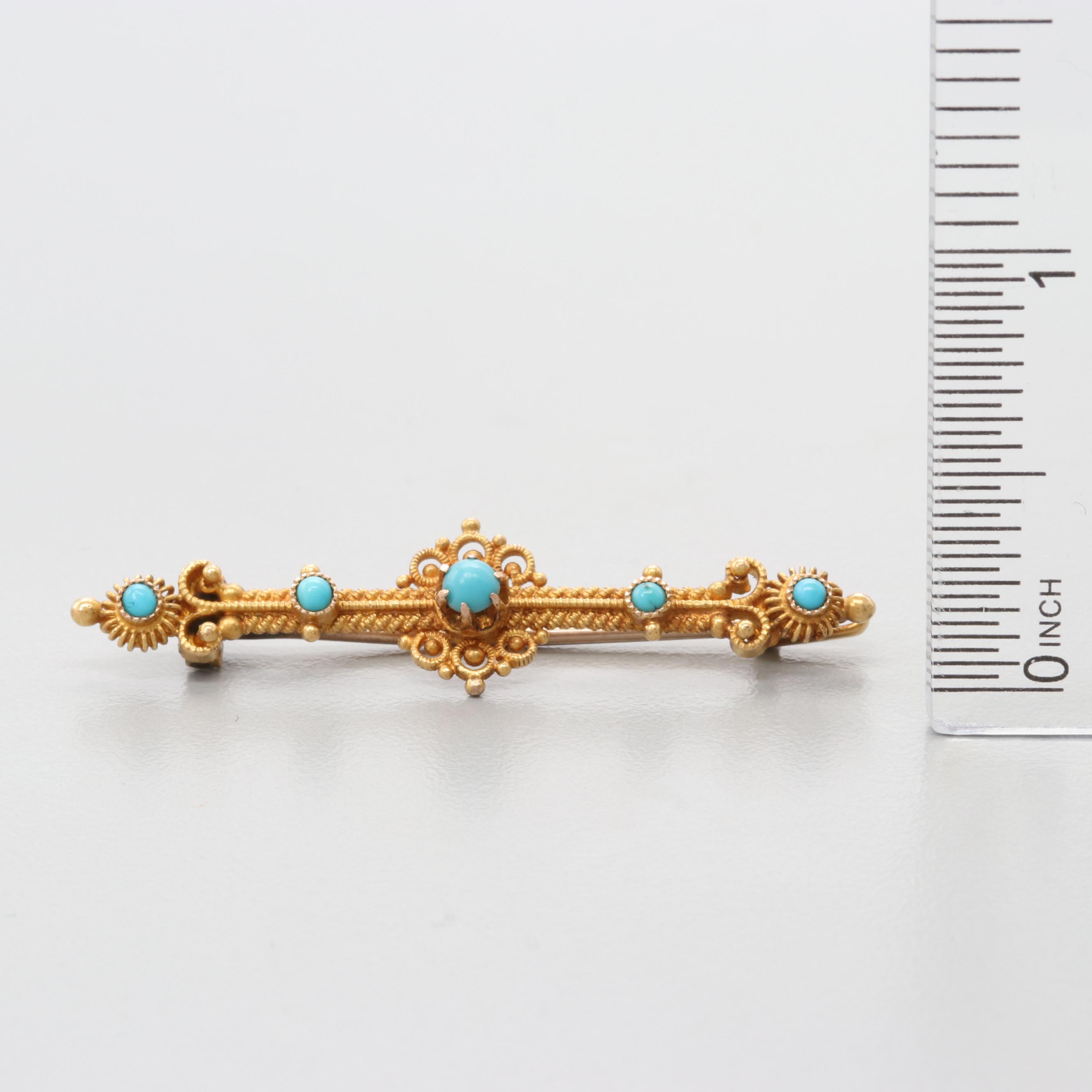 Mid Victorian Etruscan Revival 14K Yellow Gold Turquoise Brooch