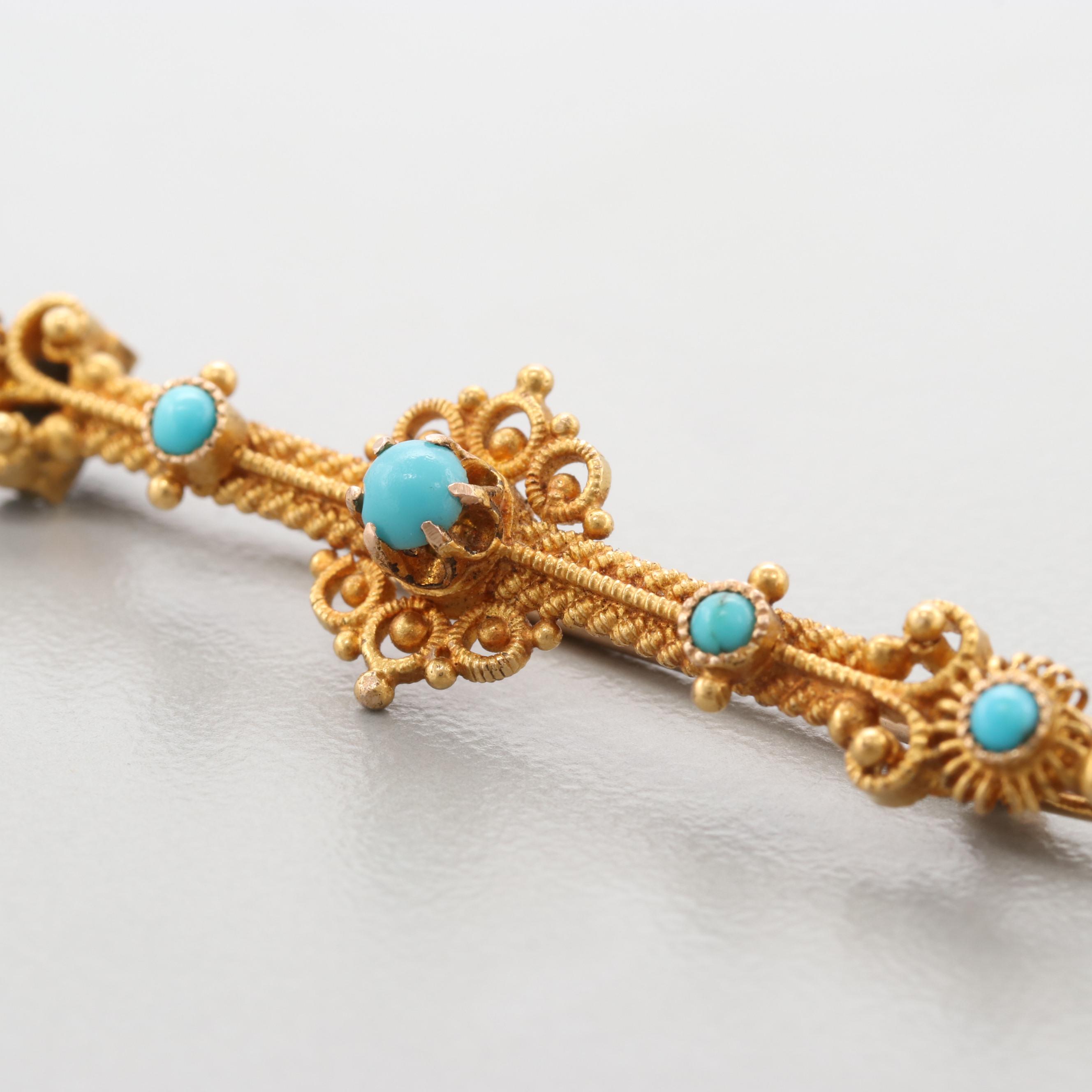 Mid Victorian Etruscan Revival 14K Yellow Gold Turquoise Brooch