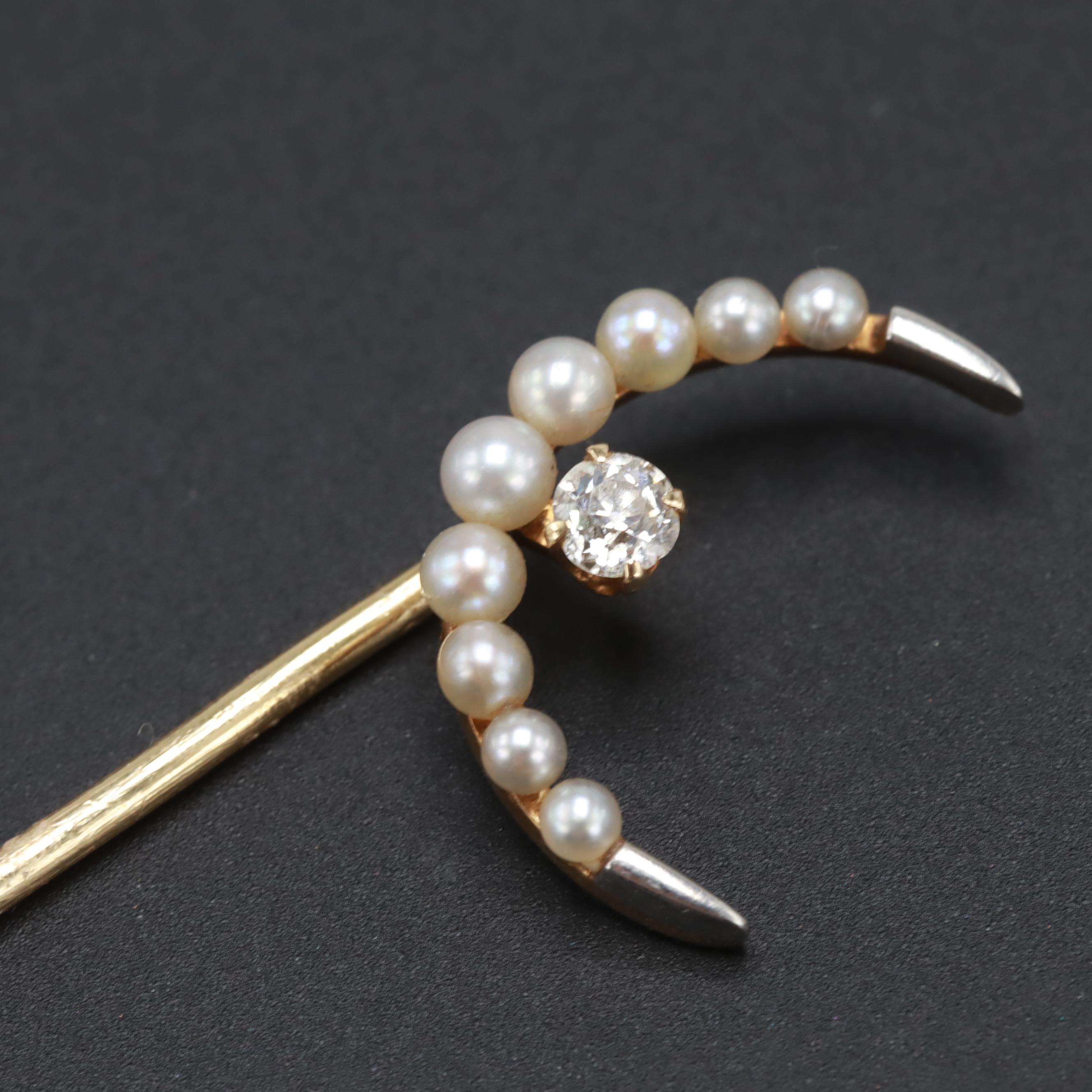 Early 1900s 14K Yellow Gold, Platinum Diamond and Pearl Crescent Moon Stick Pin