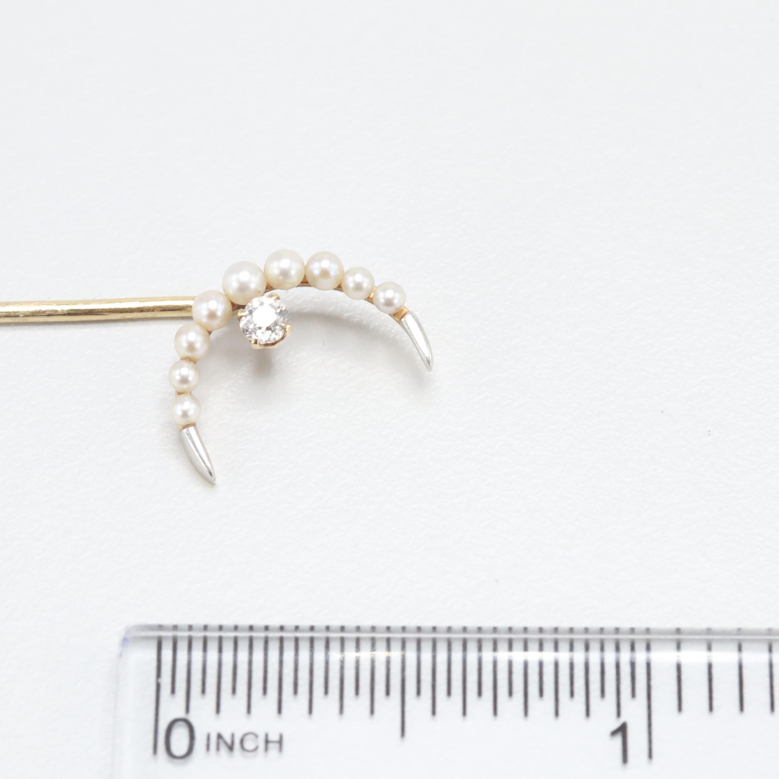 Early 1900s 14K Yellow Gold, Platinum Diamond and Pearl Crescent Moon Stick Pin