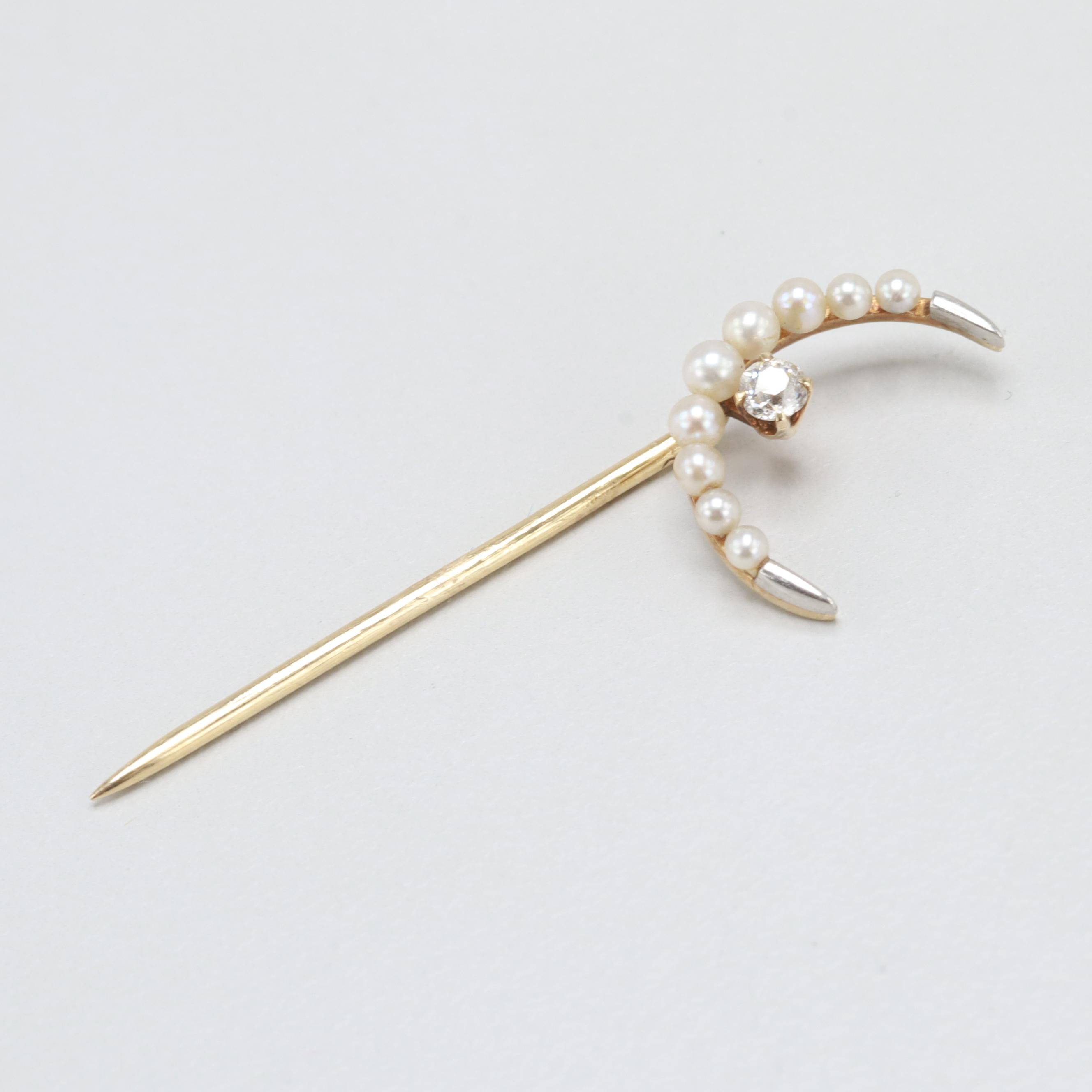 Early 1900s 14K Yellow Gold, Platinum Diamond and Pearl Crescent Moon Stick Pin