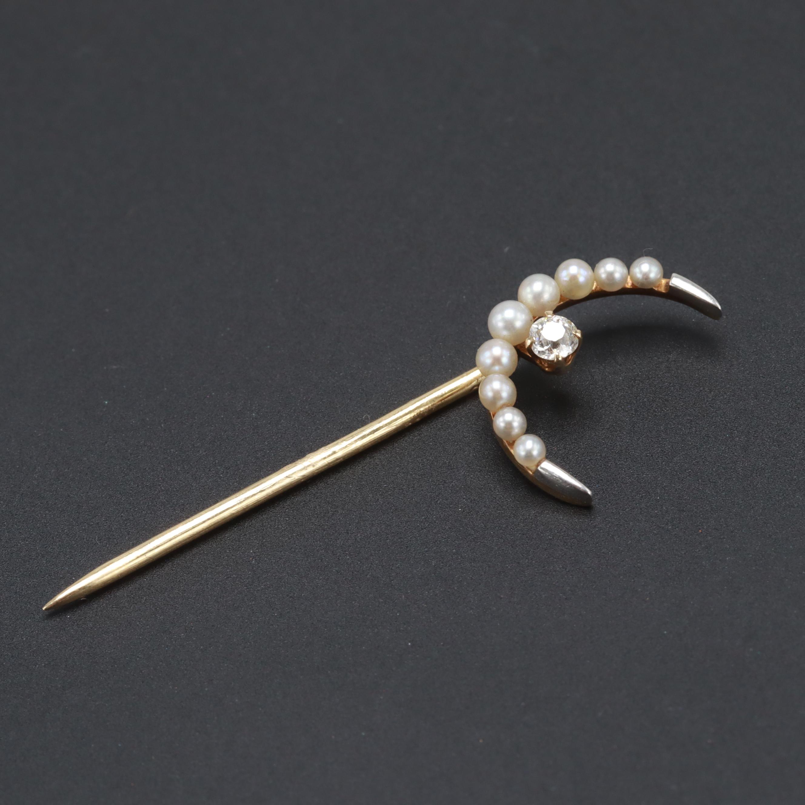 Early 1900s 14K Yellow Gold, Platinum Diamond and Pearl Crescent Moon Stick Pin
