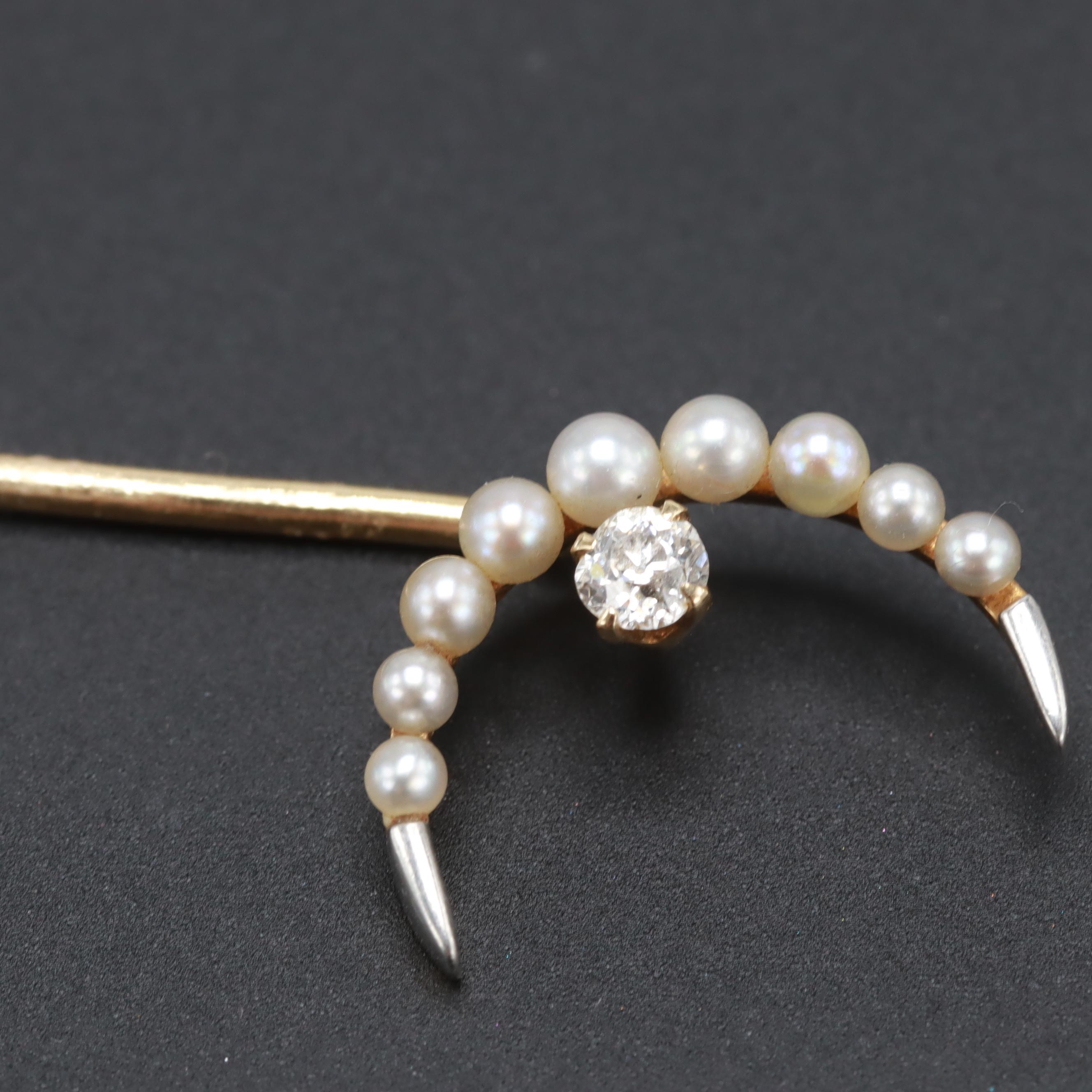 Early 1900s 14K Yellow Gold, Platinum Diamond and Pearl Crescent Moon Stick Pin