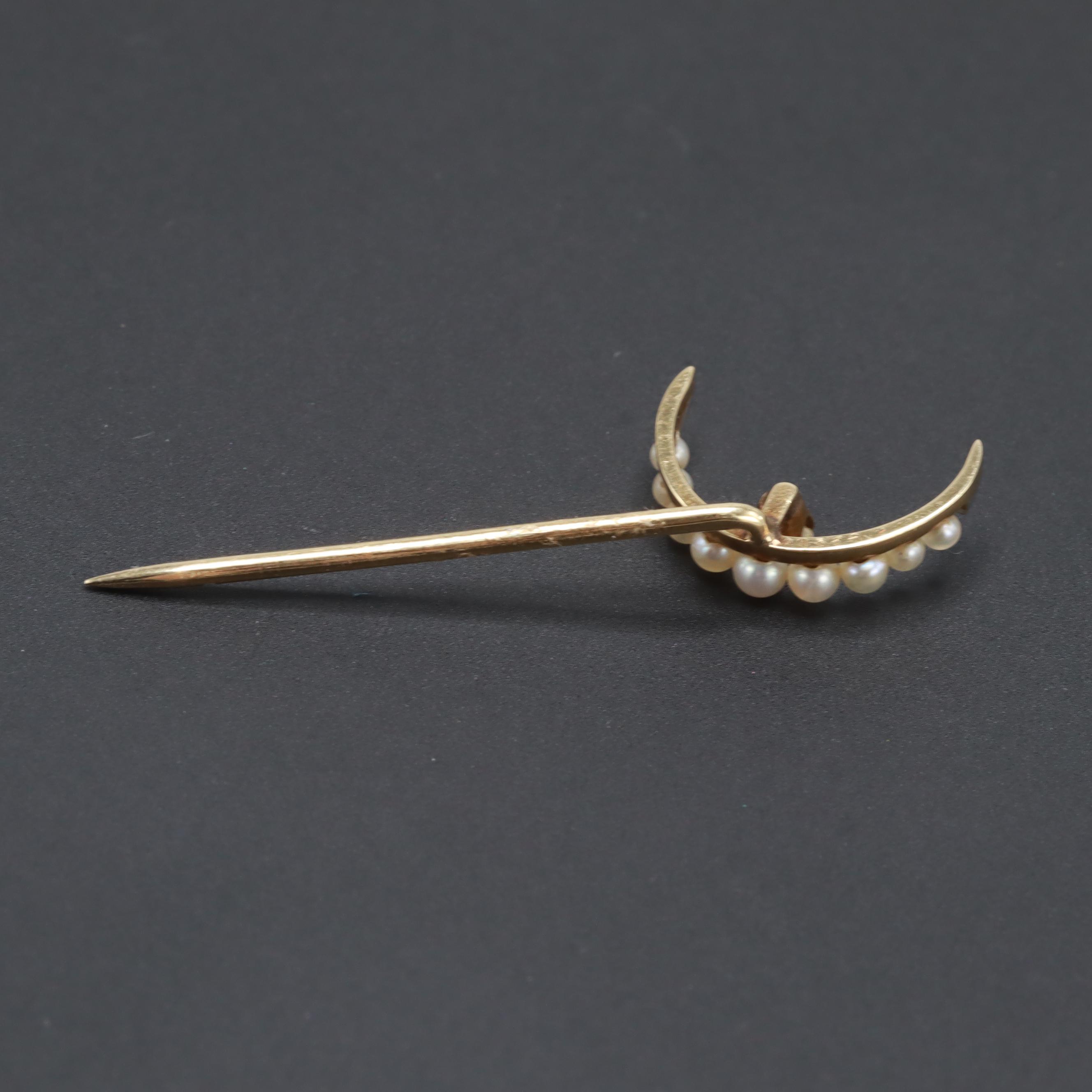 Early 1900s 14K Yellow Gold, Platinum Diamond and Pearl Crescent Moon Stick Pin