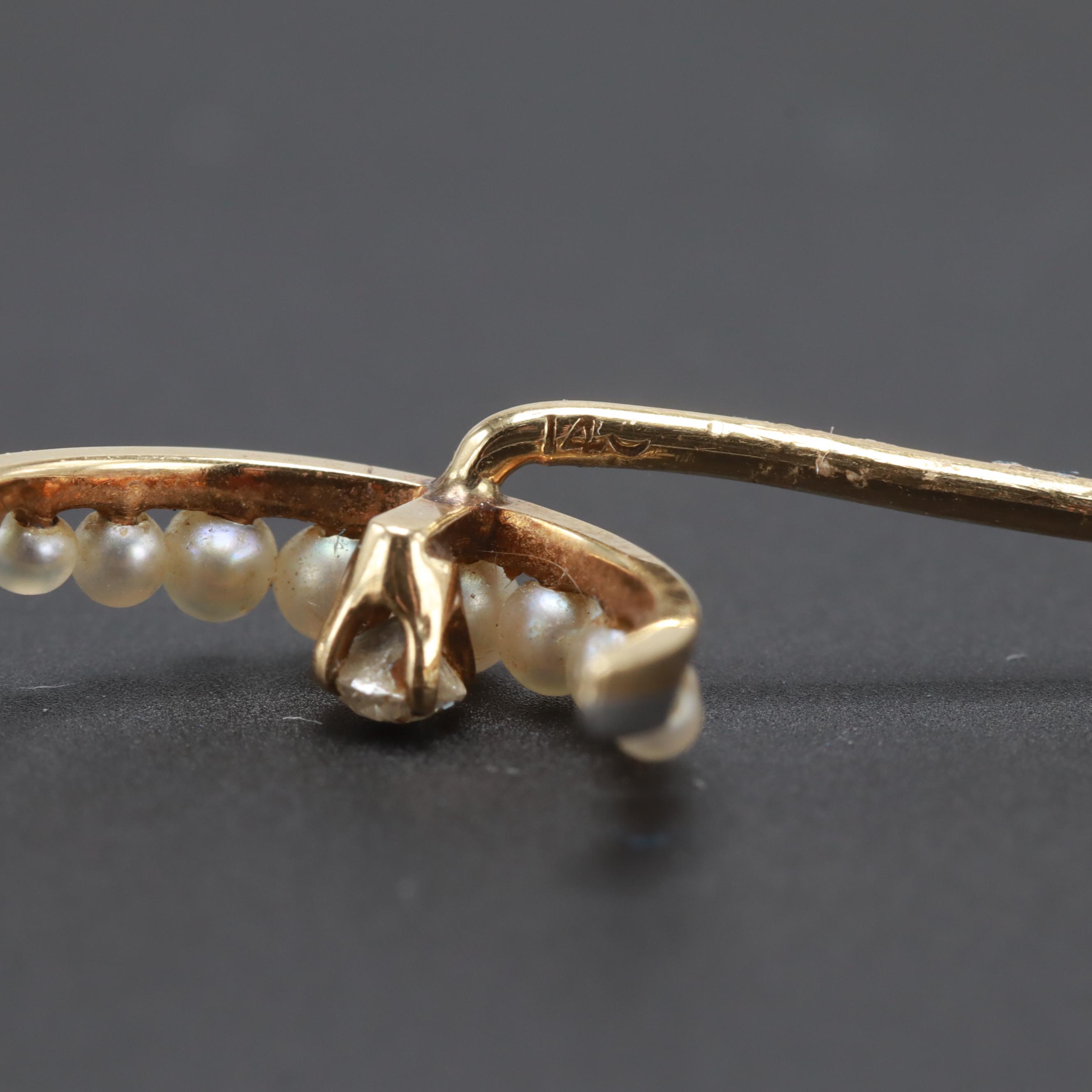 Early 1900s 14K Yellow Gold, Platinum Diamond and Pearl Crescent Moon Stick Pin