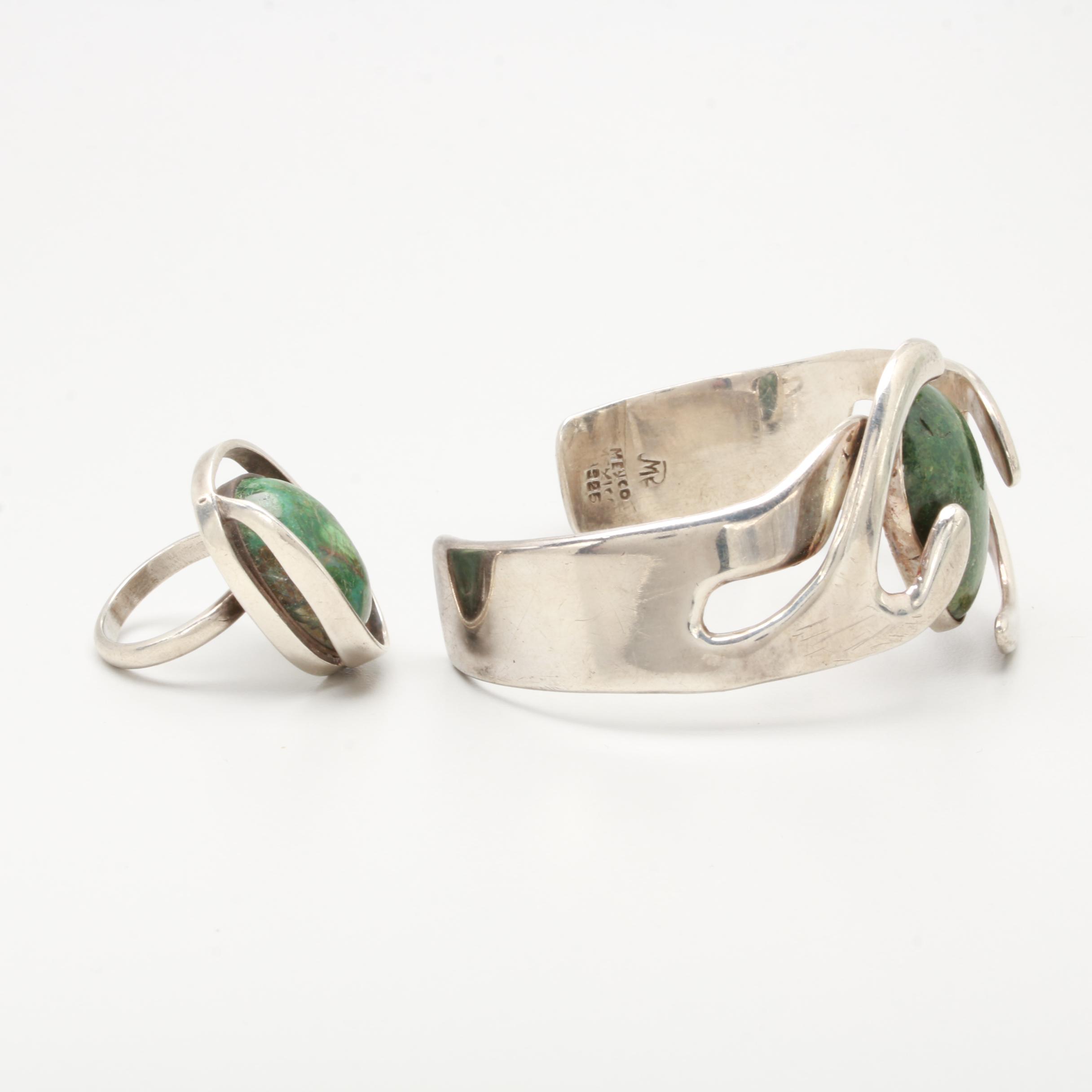 Taxco Sterling Silver Turquoise Bracelet and Ring Set