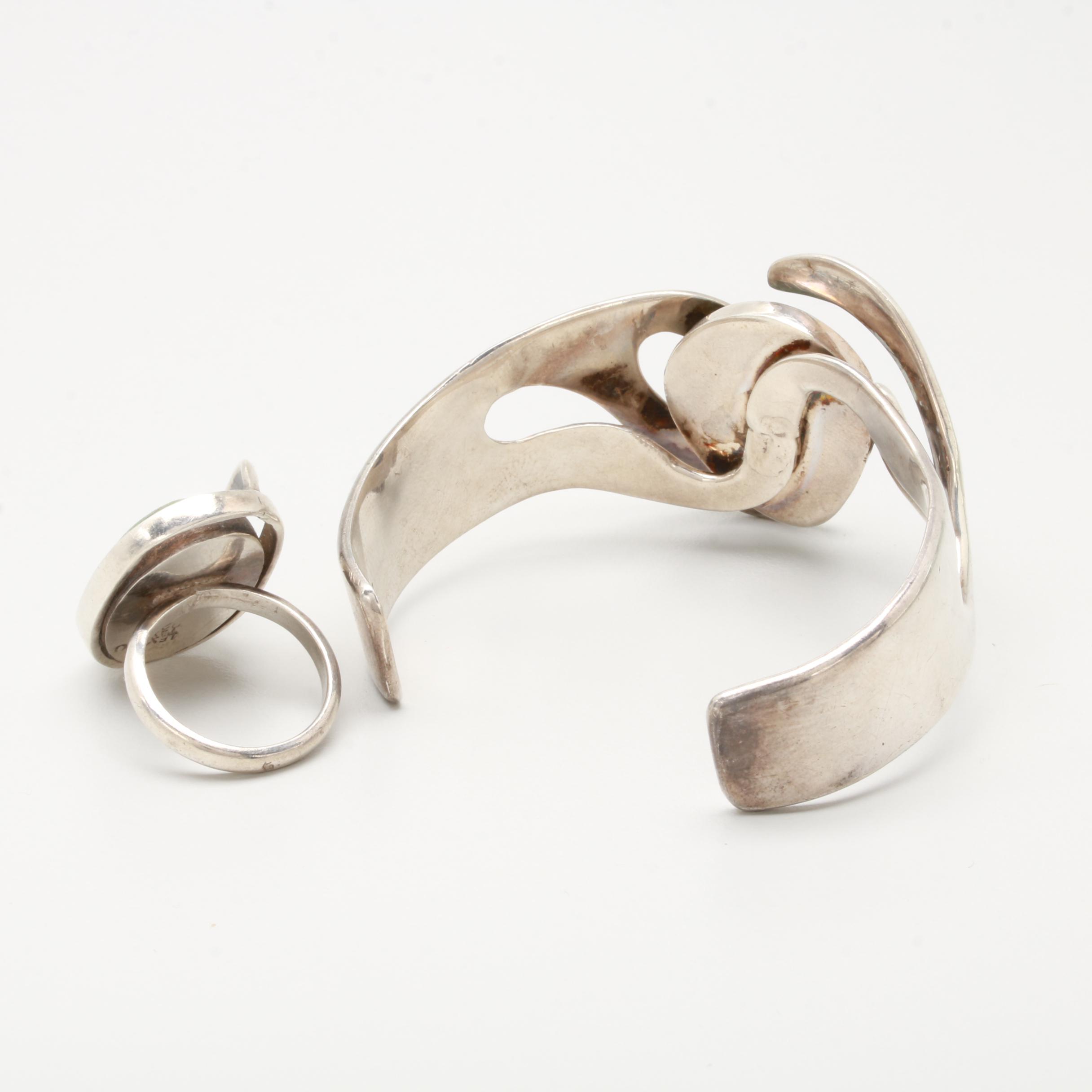 Taxco Sterling Silver Turquoise Bracelet and Ring Set