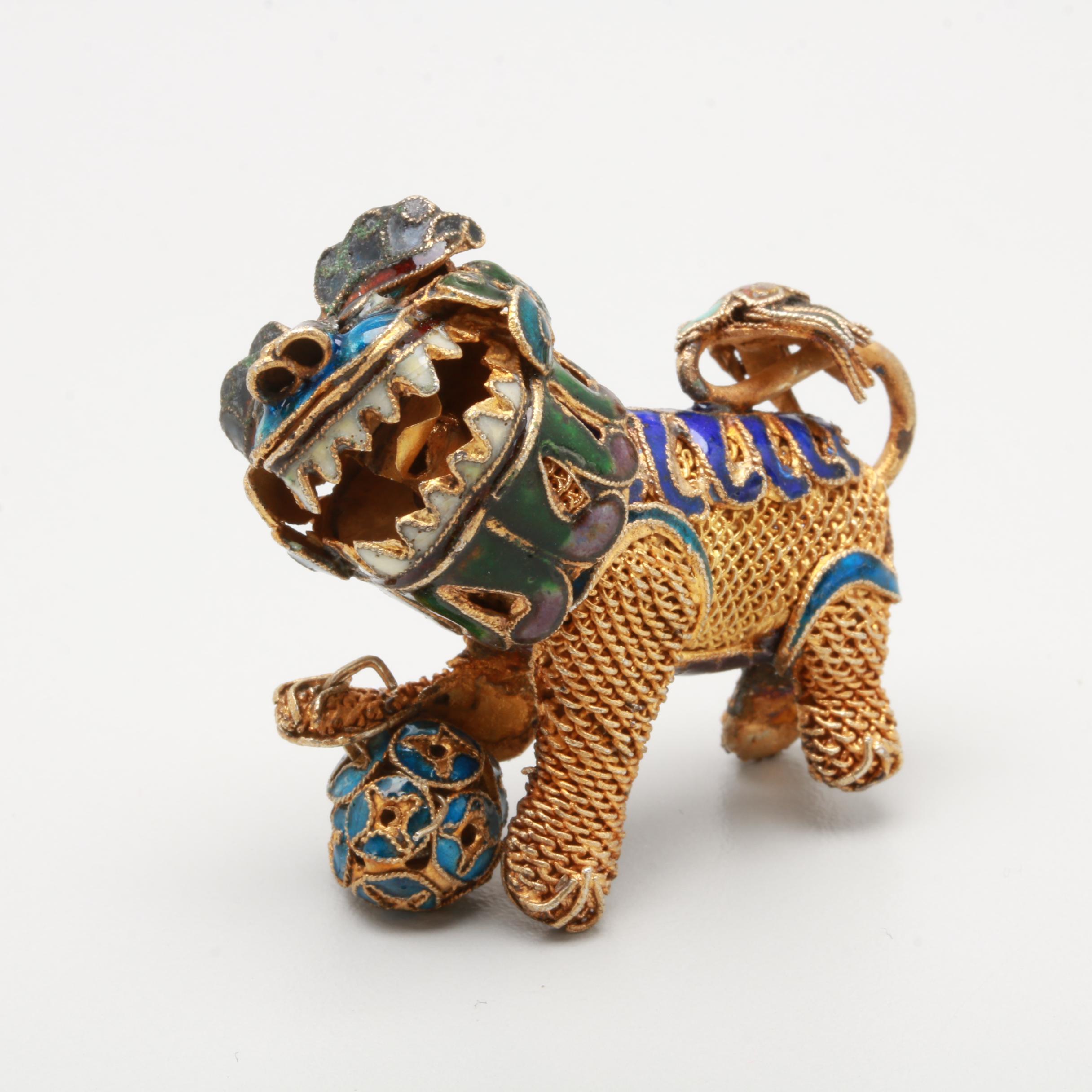 900 Silver Enameled Articulated Guardian Lion Figurine
