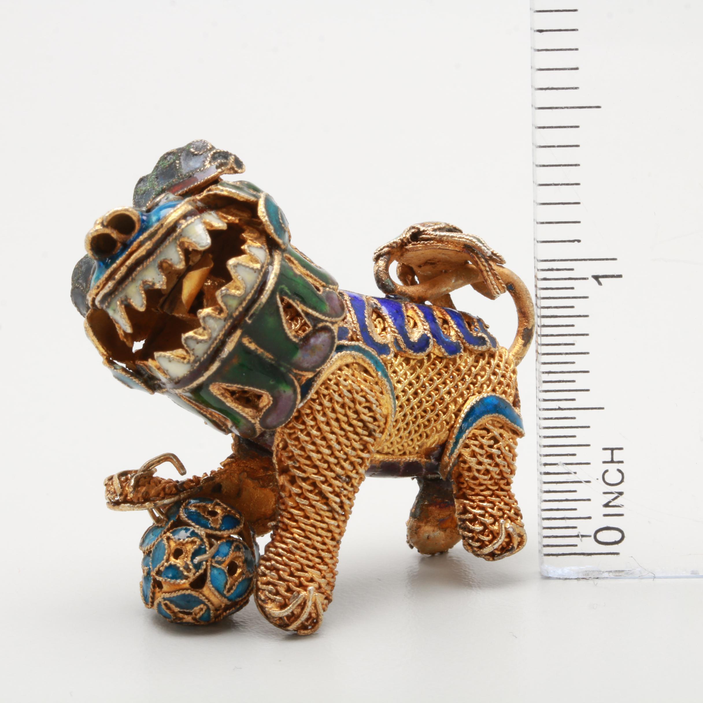 900 Silver Enameled Articulated Guardian Lion Figurine