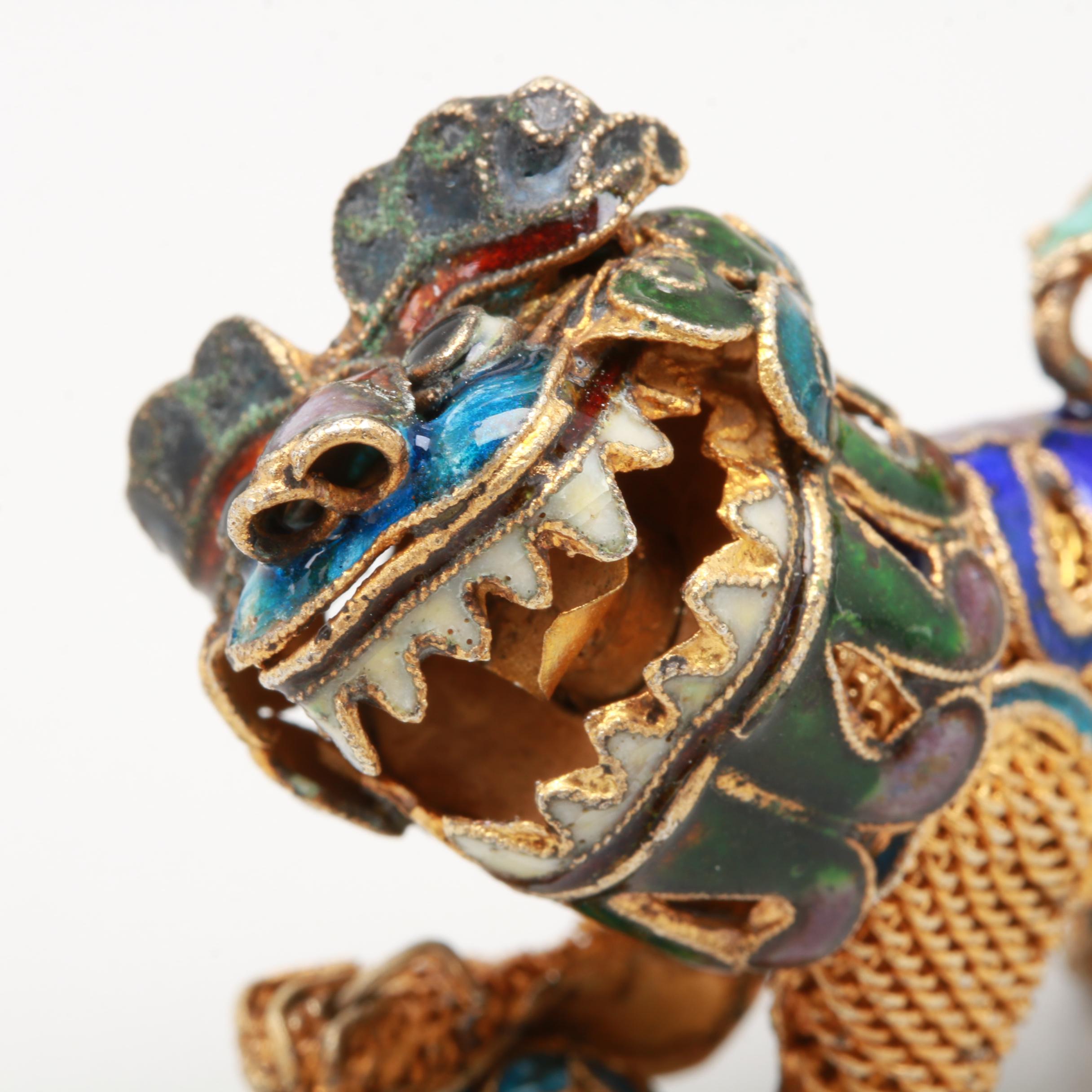 900 Silver Enameled Articulated Guardian Lion Figurine