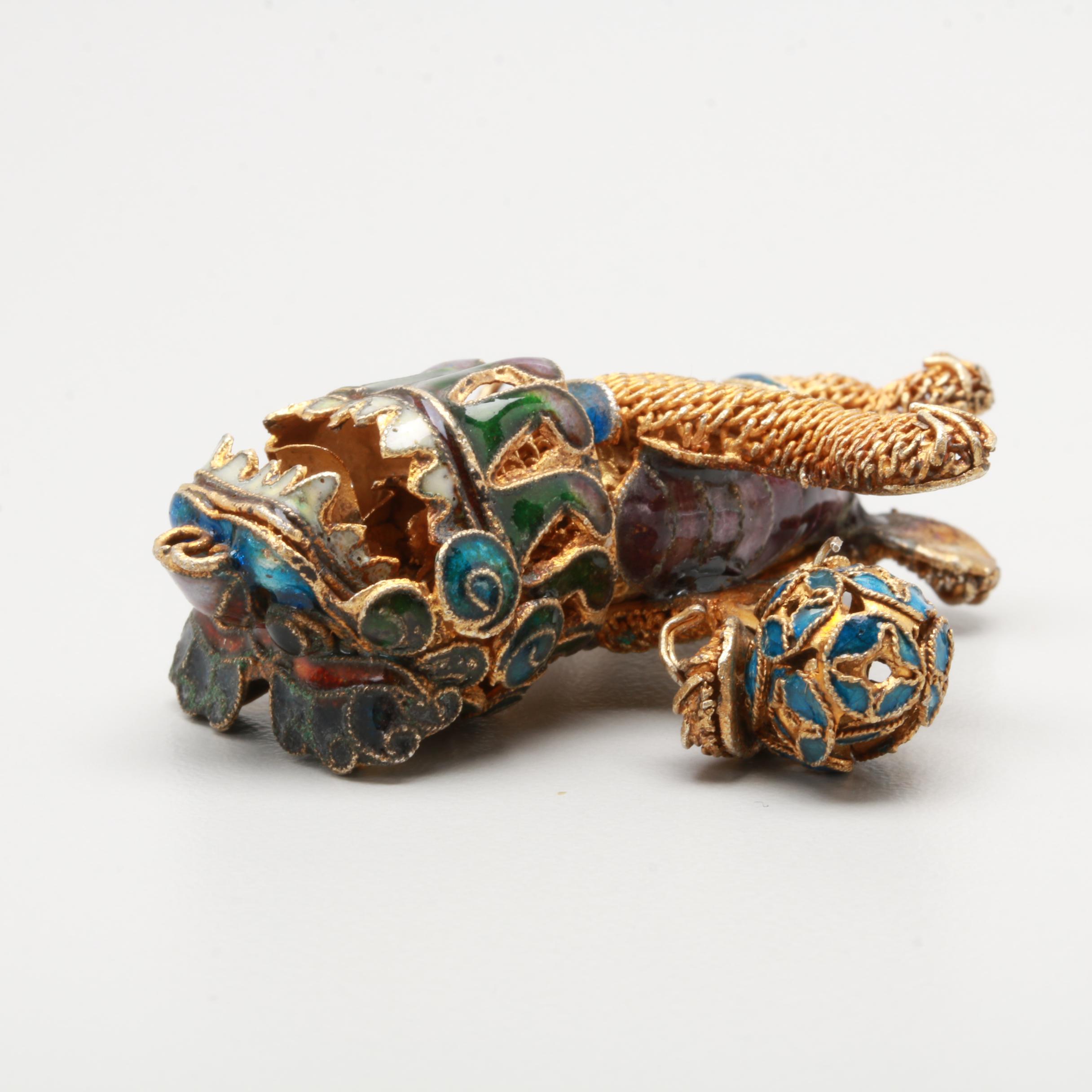 900 Silver Enameled Articulated Guardian Lion Figurine