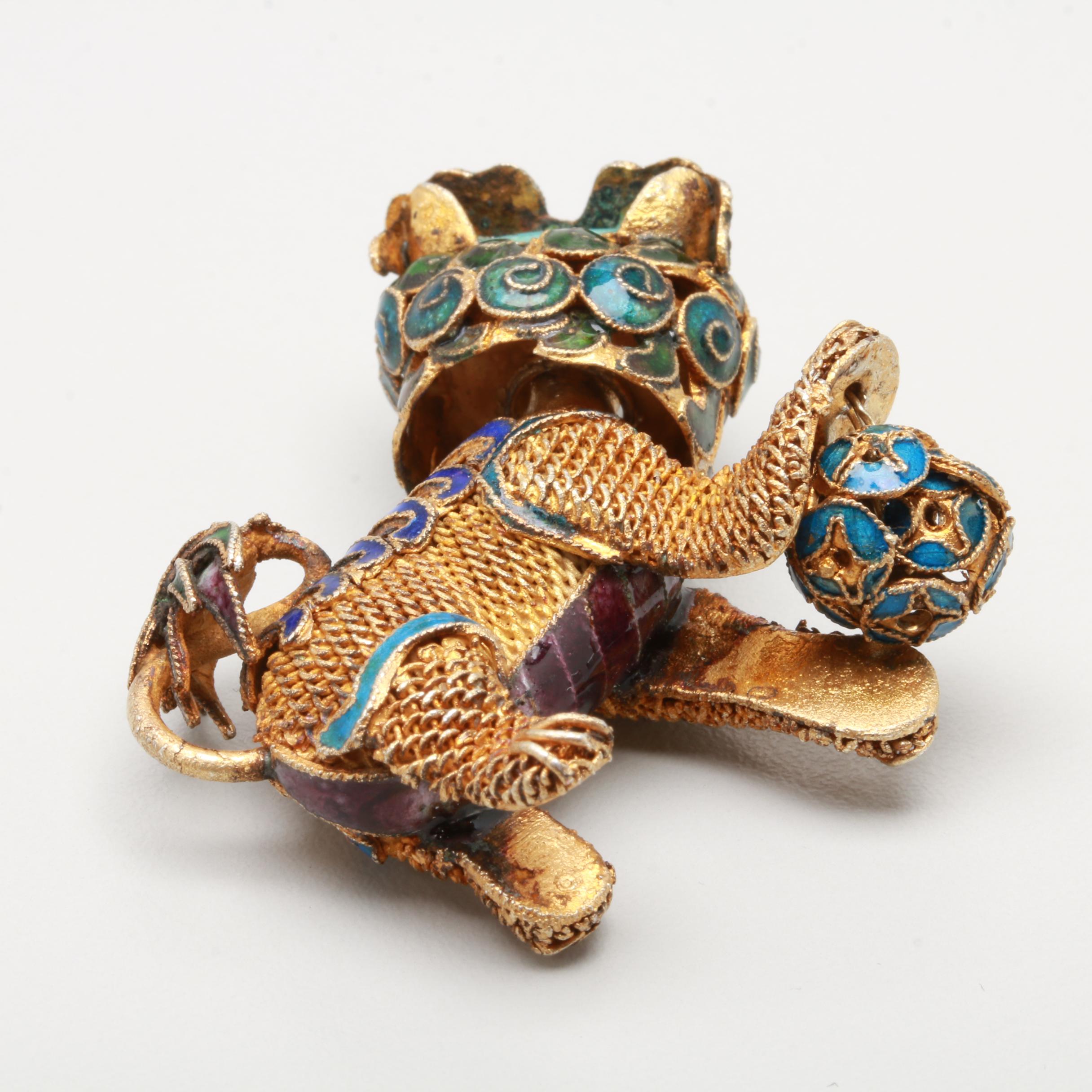 900 Silver Enameled Articulated Guardian Lion Figurine