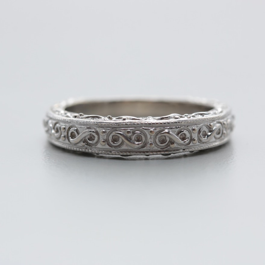 14K White Gold Wedding Band with Infinity Designs and Milgrain Details