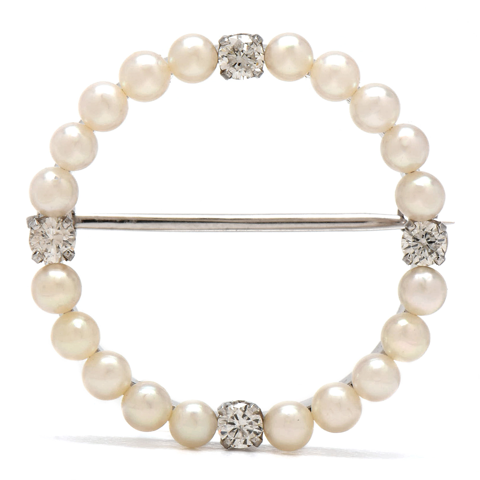 14K White Gold Diamond and Cultured Pearl Circle Brooch