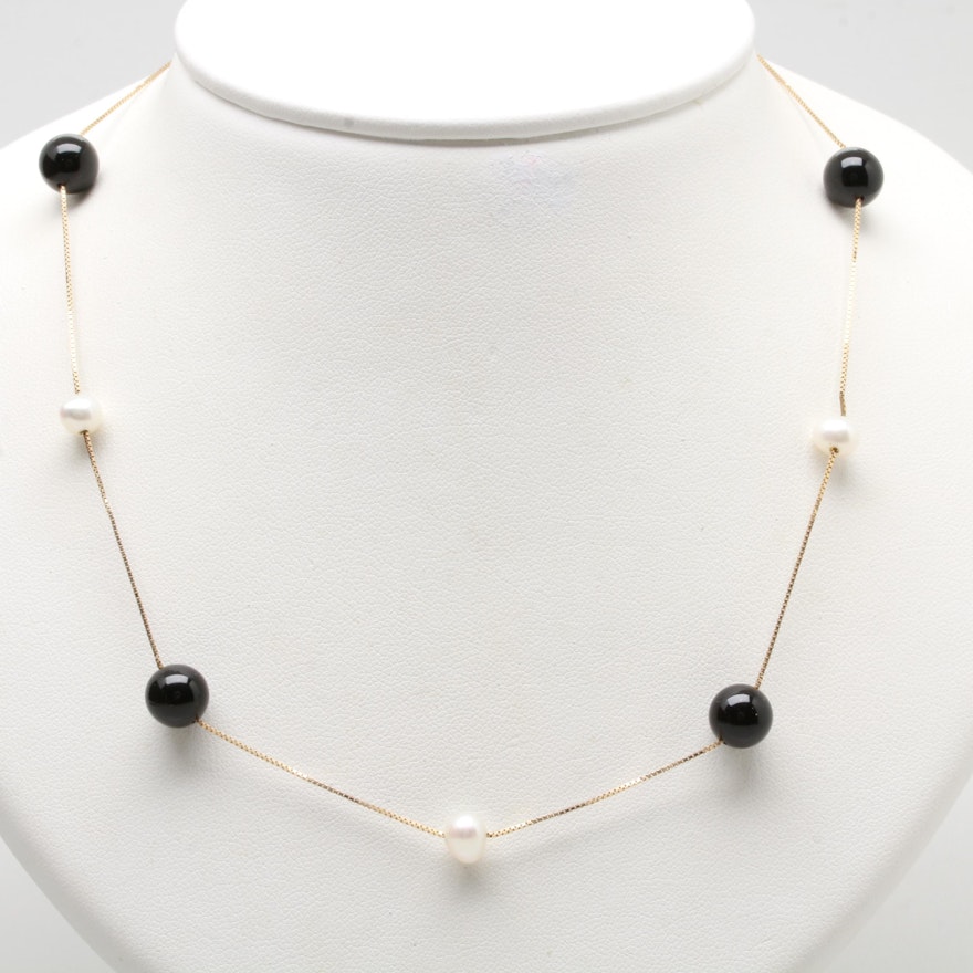 14K Yellow Gold Cultured Pearl and Black Onyx Necklace