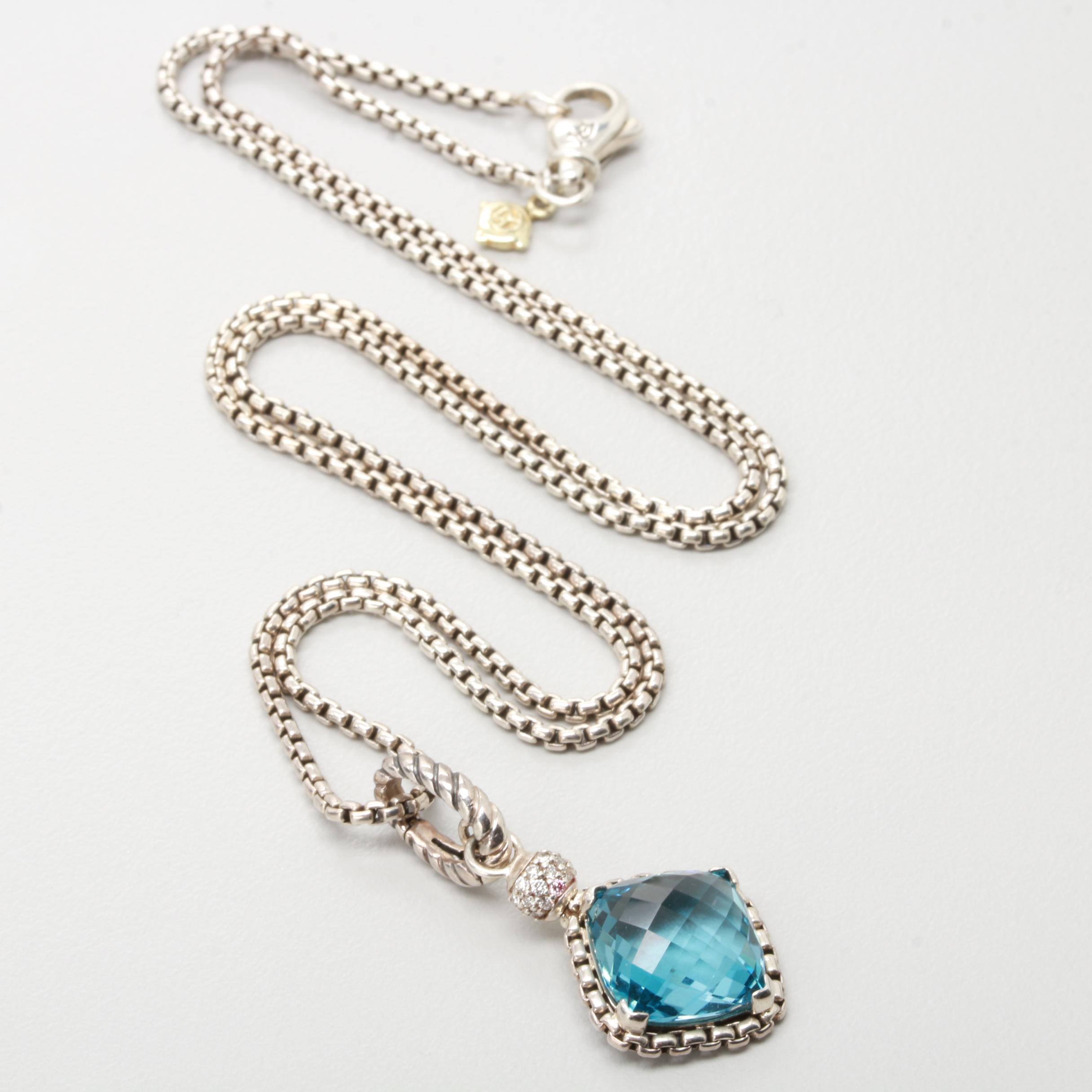 David Yurman Sterling Silver, Blue Topaz and Diamond Necklace