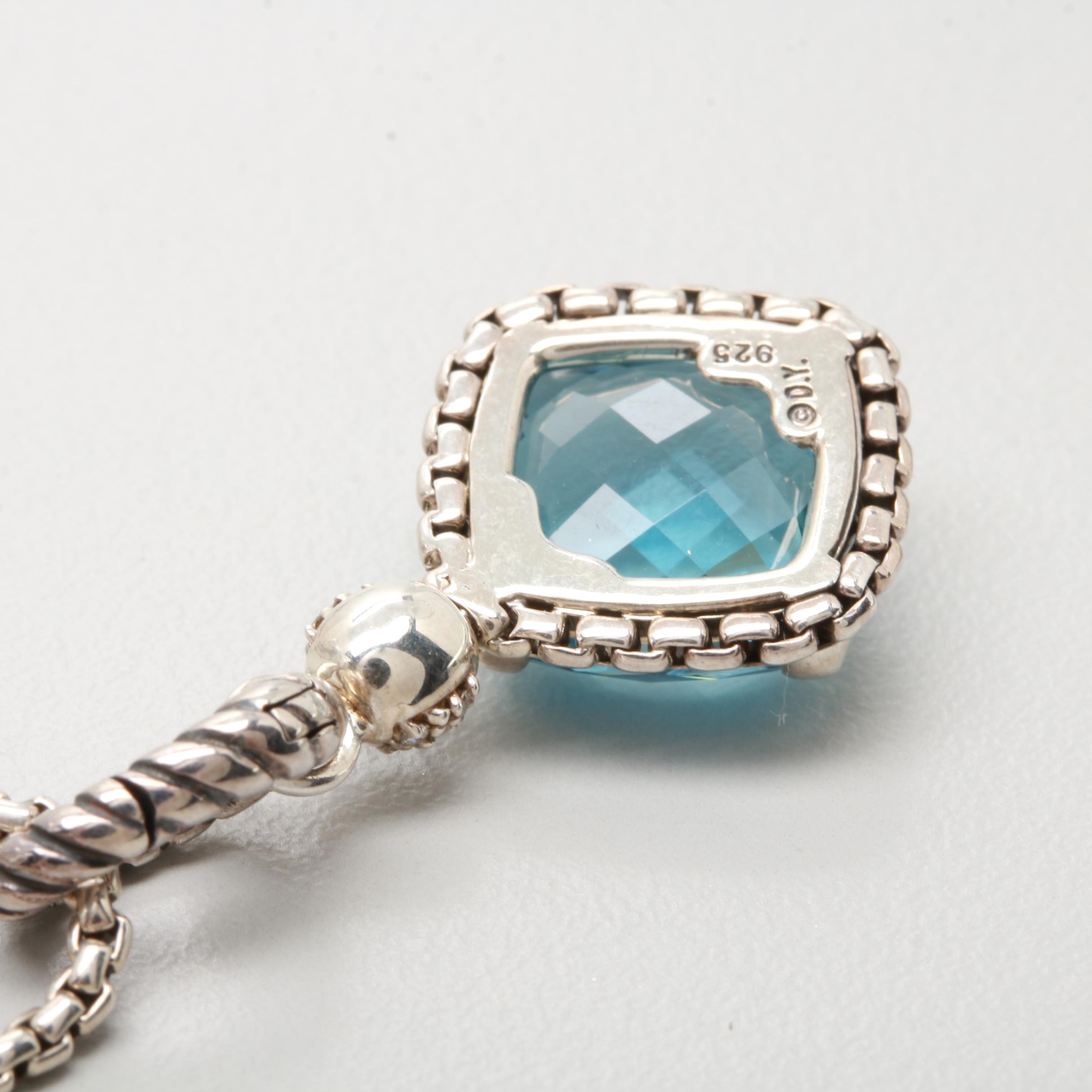 David Yurman Sterling Silver, Blue Topaz and Diamond Necklace