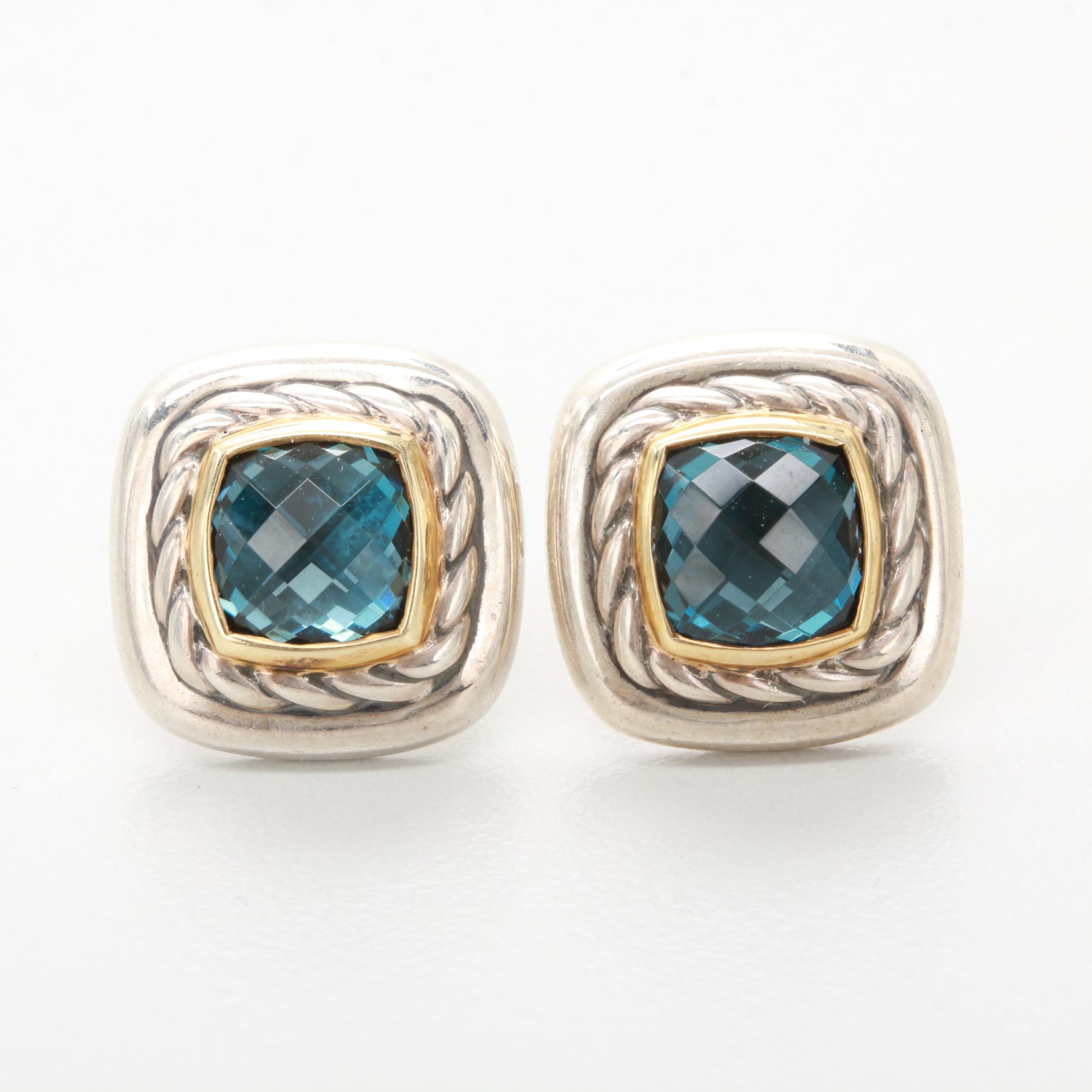 David Yurman "Albion" Sterling Silver and 18K Yellow Gold Blue Topaz Earrings