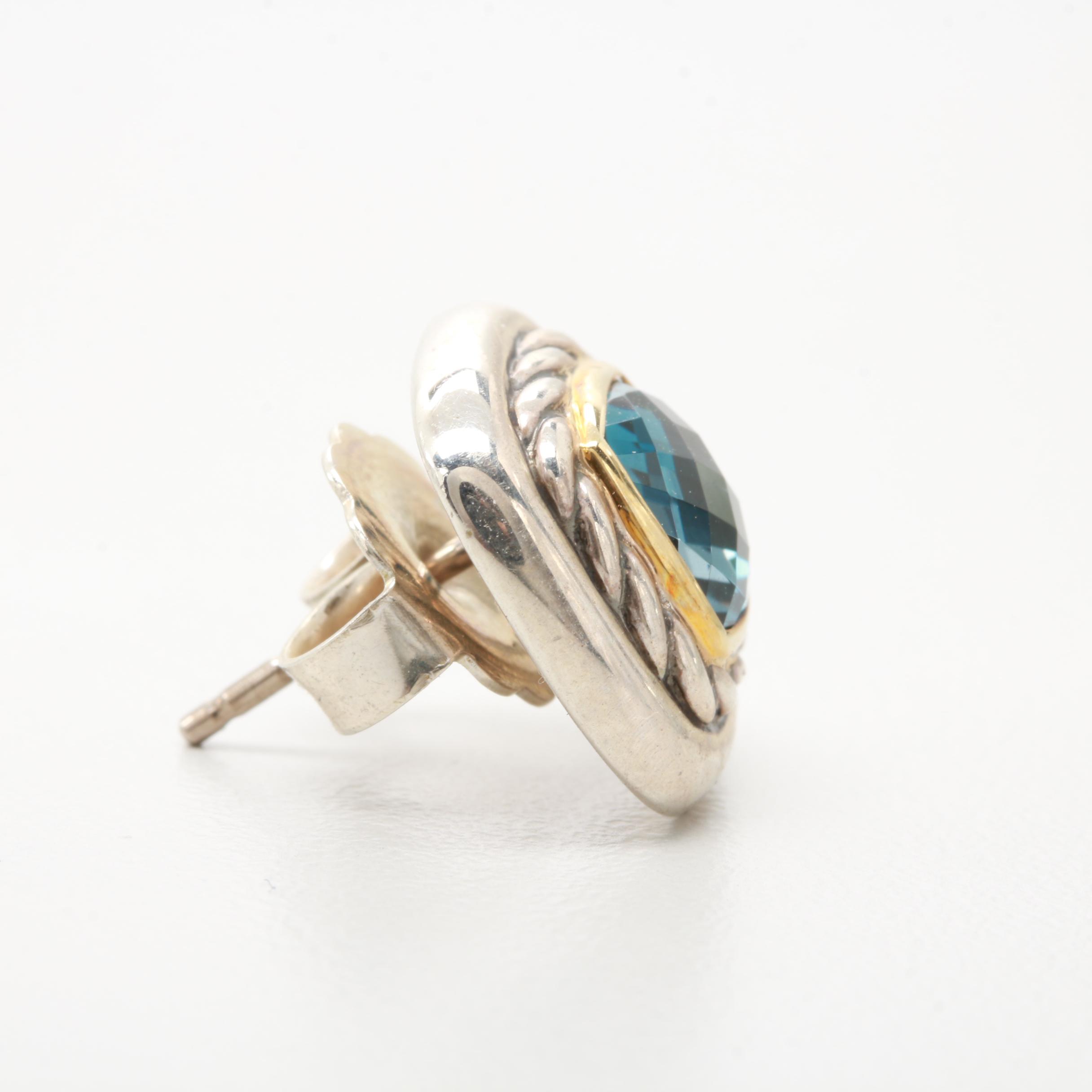 David Yurman "Albion" Sterling Silver and 18K Yellow Gold Blue Topaz Earrings