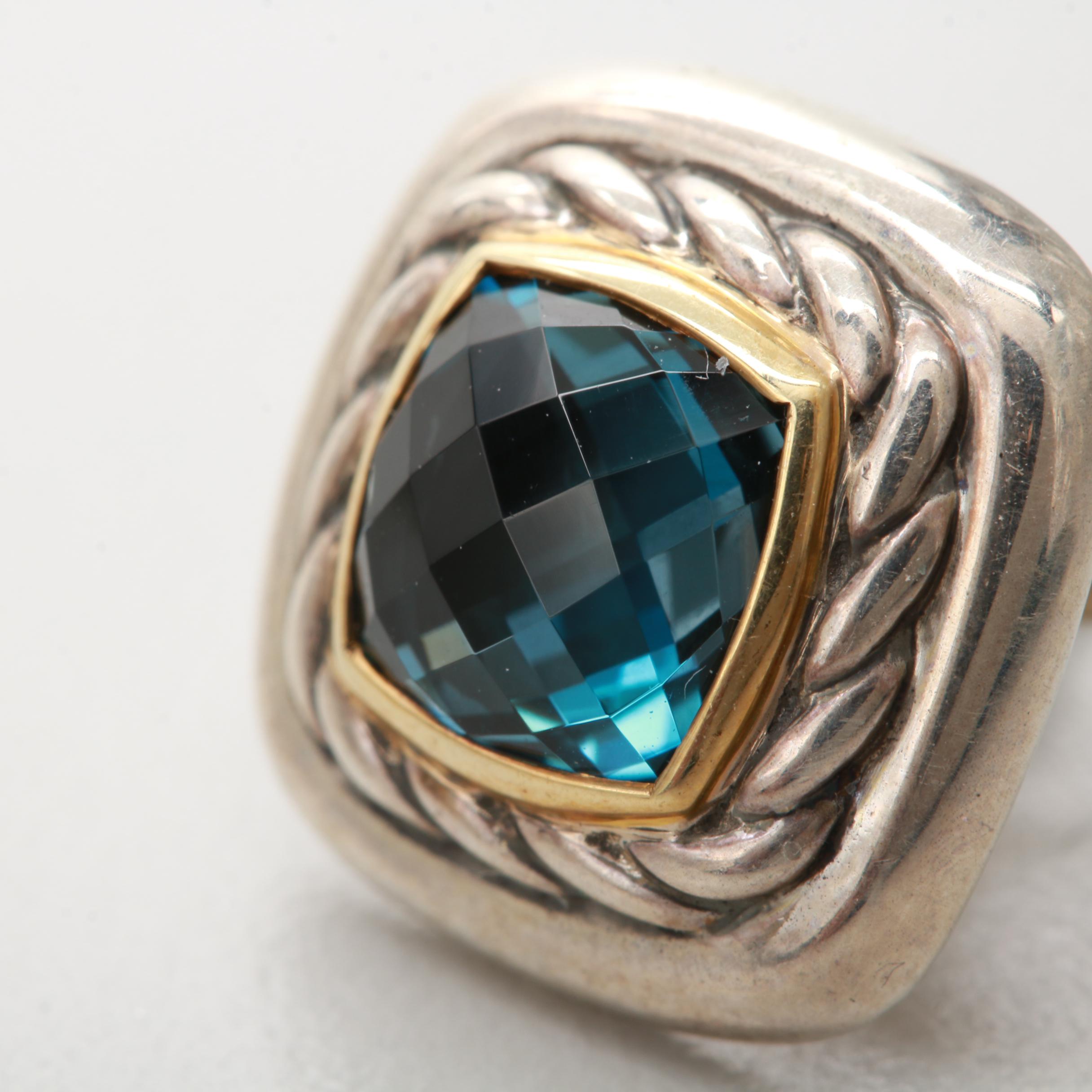 David Yurman "Albion" Sterling Silver and 18K Yellow Gold Blue Topaz Earrings