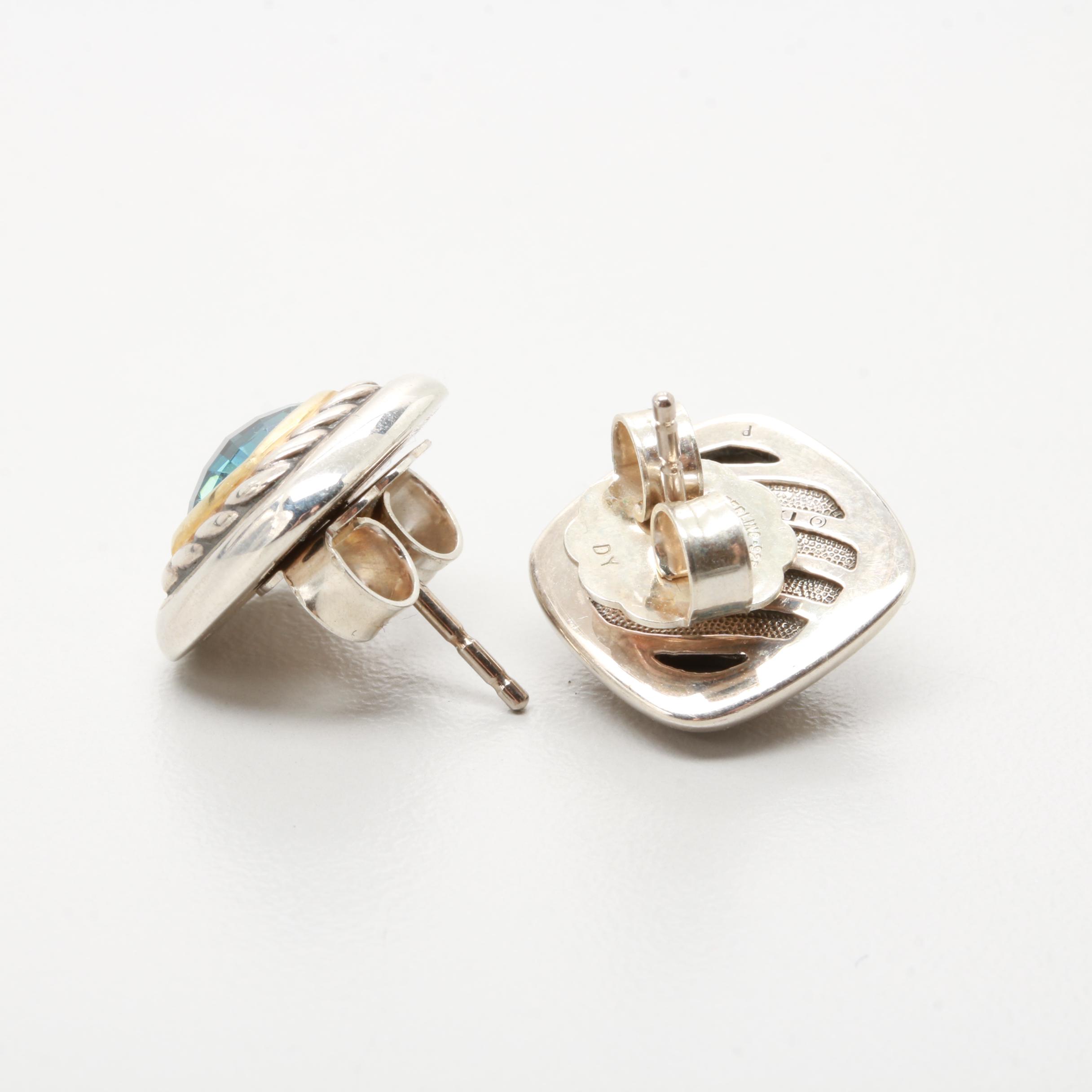 David Yurman "Albion" Sterling Silver and 18K Yellow Gold Blue Topaz Earrings