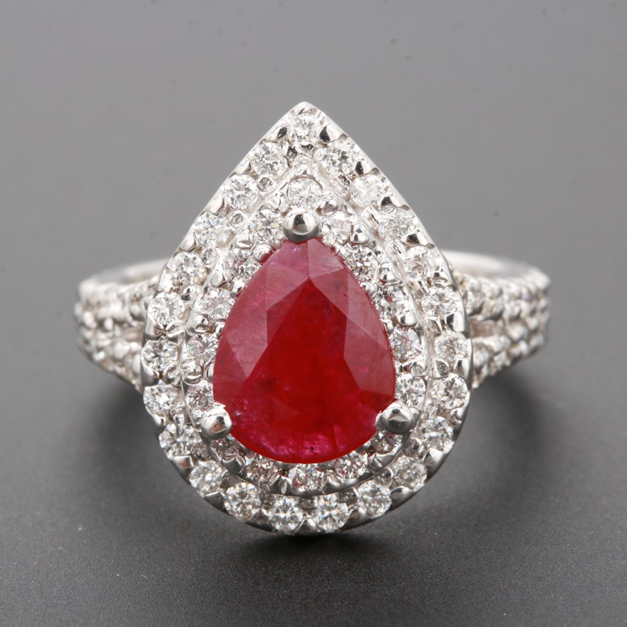 14K White Gold Ruby and 1.23 CTW Diamond Ring