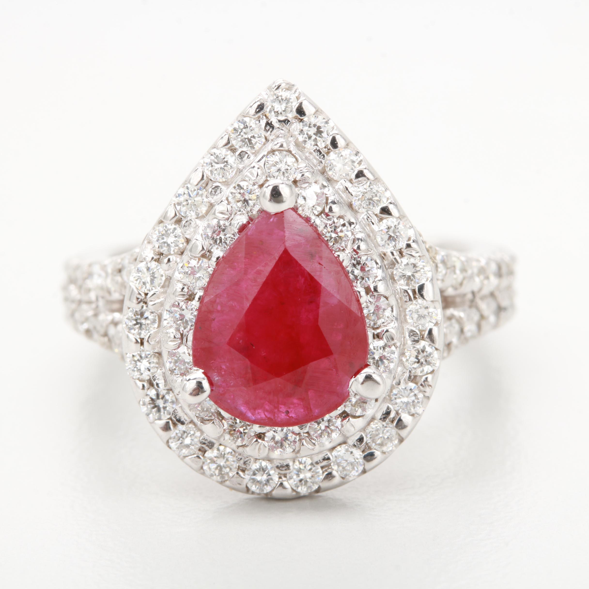 14K White Gold Ruby and 1.23 CTW Diamond Ring