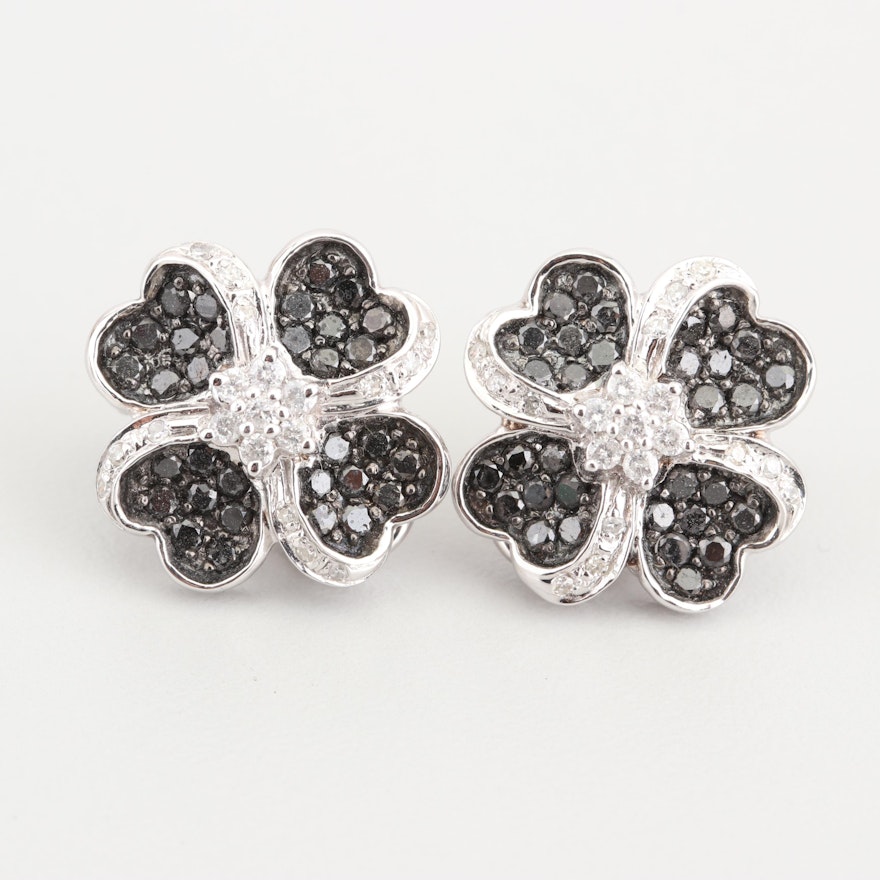 14K White Gold 0.95 CTW Black Diamond and Diamond Earrings