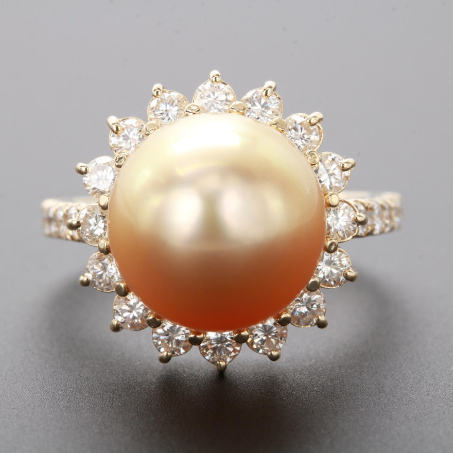 14K Yellow Gold Cultured Pearl and Diamond  Ring