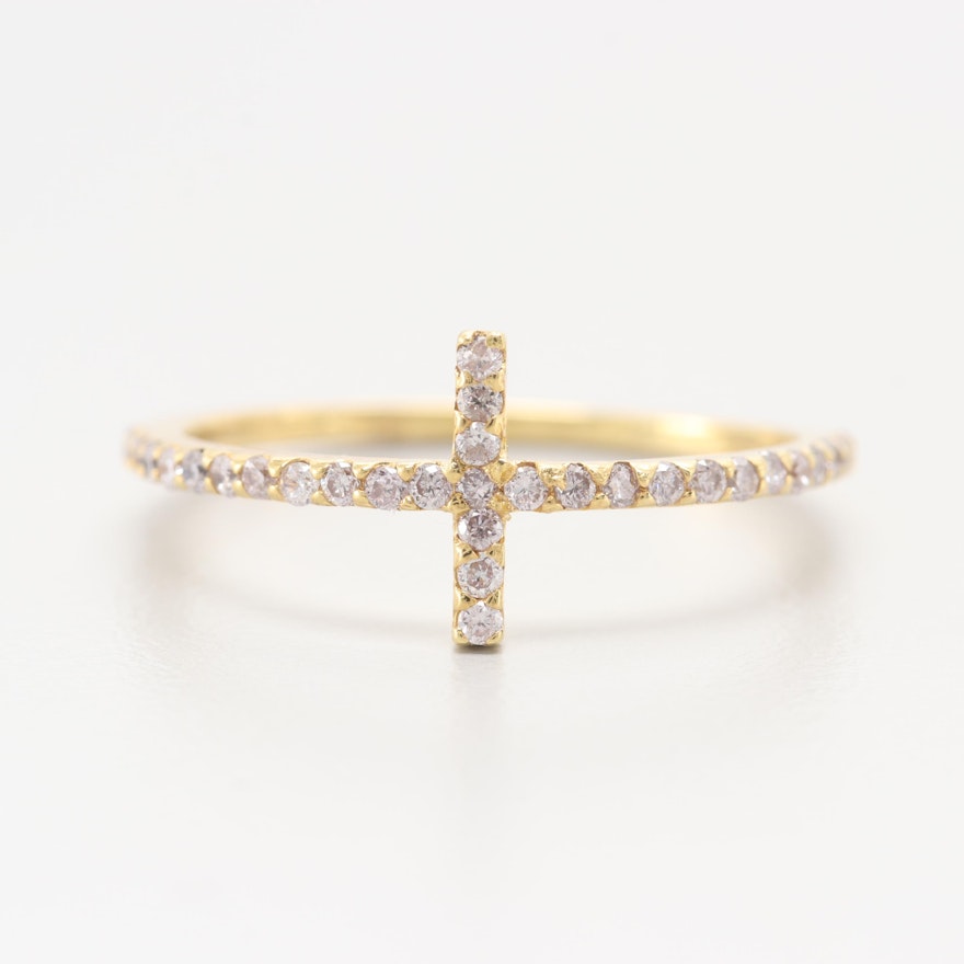 14K Yellow Gold Diamond Cross Ring