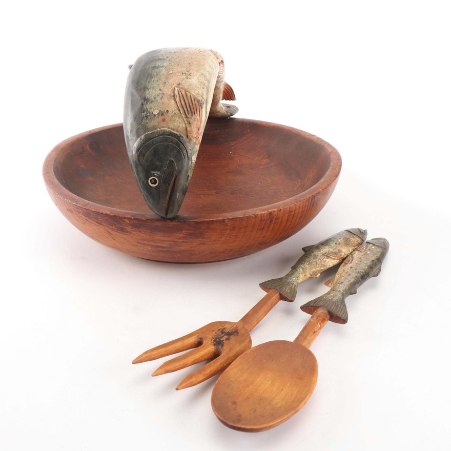 Folk Art Carved Salad Bowl and Utensils, Attributed to Lucien Bouchard c. 1960