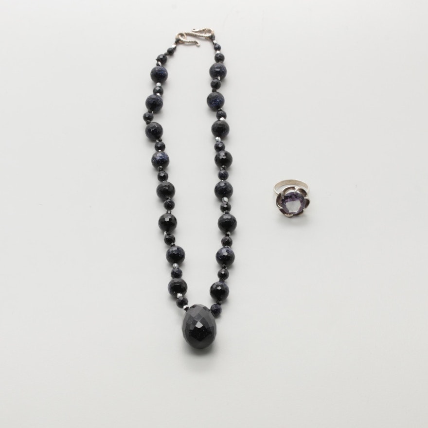 Sterling Blue Goldstone and Synthetic Color Change Sapphire Necklace and Ring