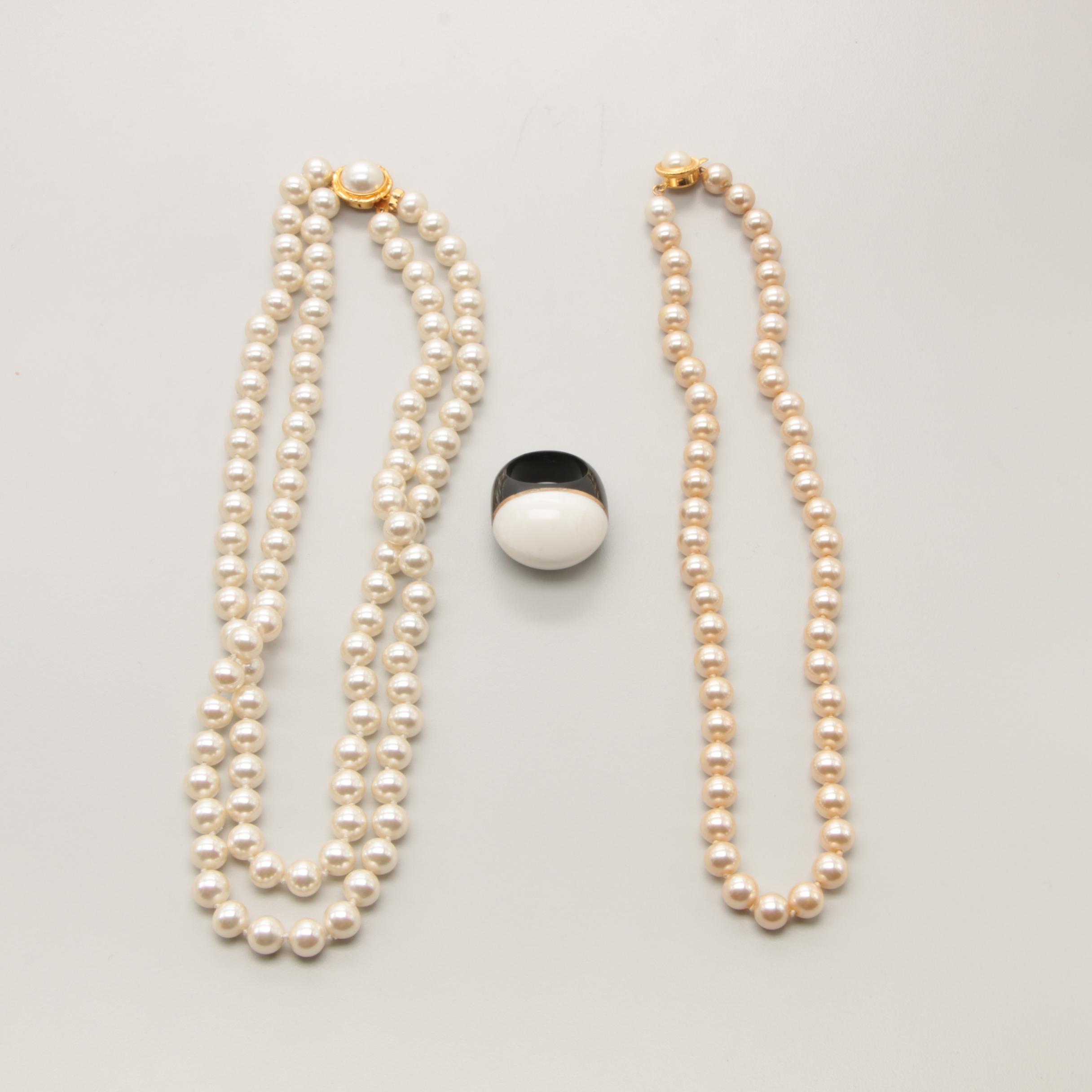 Imitation Pearl Necklaces with Tori Burch Dome Ring
