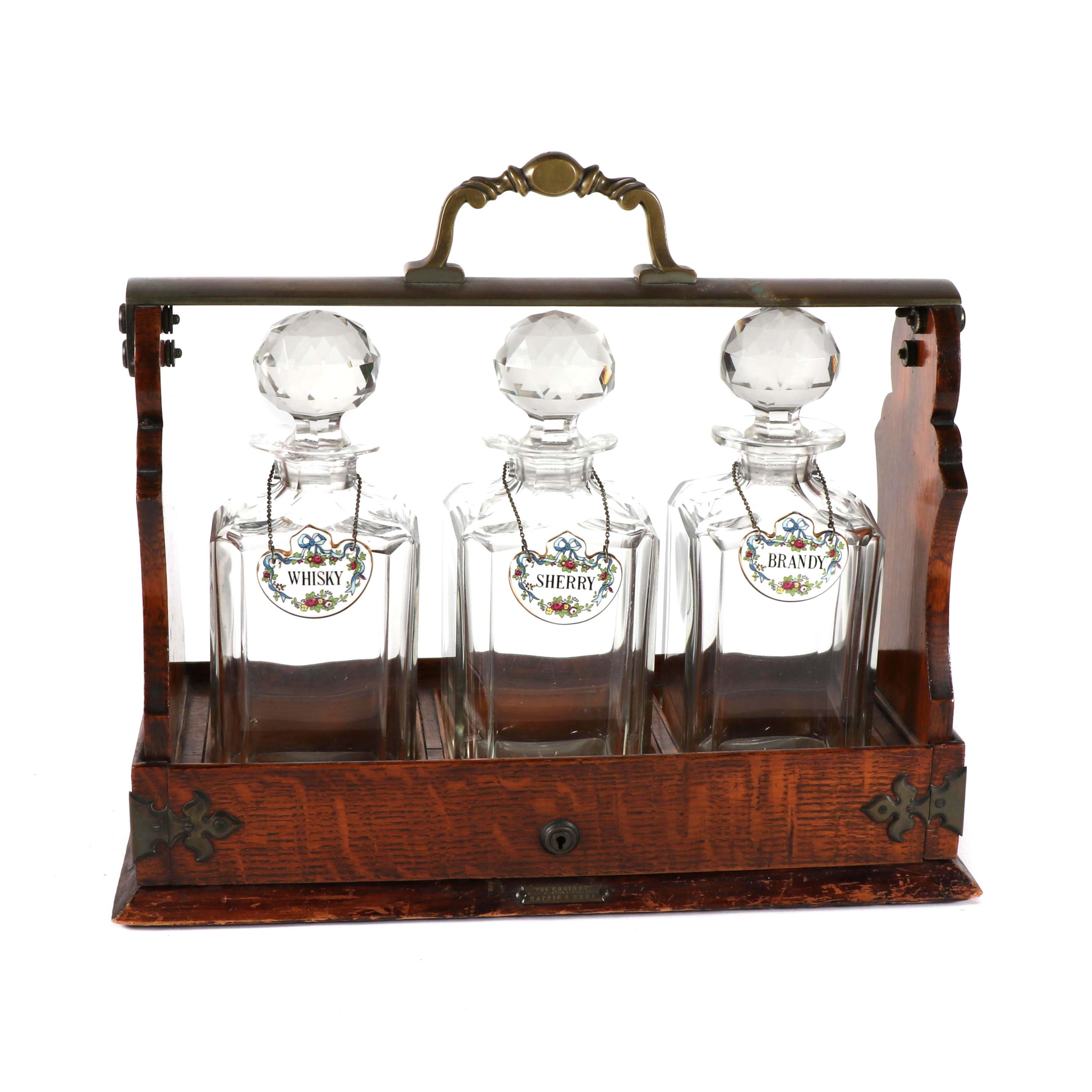 Antique Mappin & Webb "The Cabinet" Wooden Liquor Tantalus with Decanters