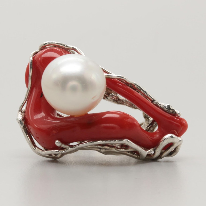 Sterling Silver Italian Coral and Cultured Pearl Organic Design Ring