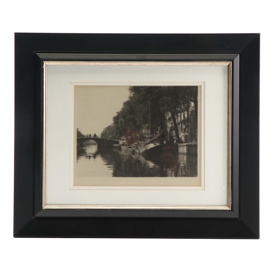 Vintage Collotype of Canal Scene