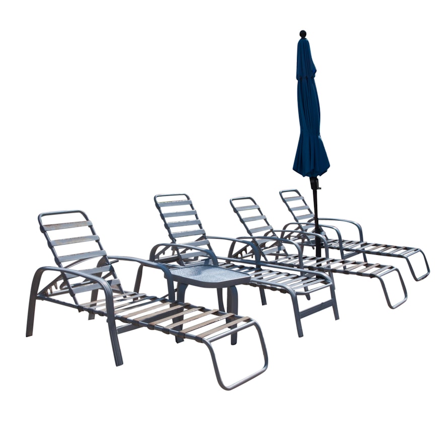 Outdoor Chaise Lounge Chairs, Side Table and Sunbrella Umbrella