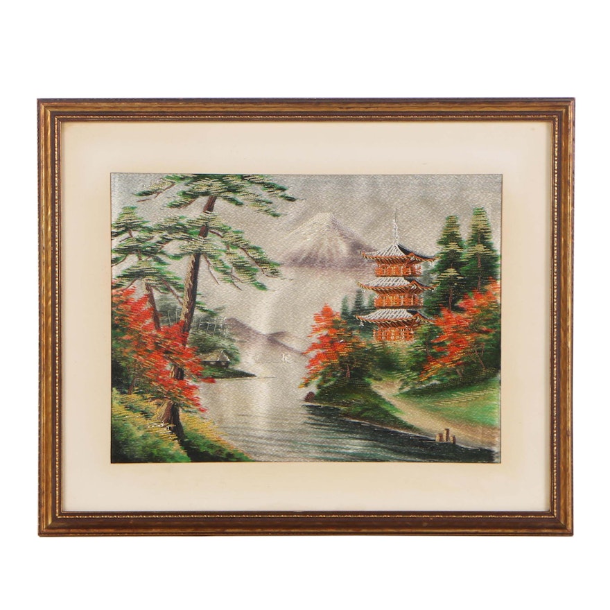 Japanese Embroidery of Pagoda and Mountain Landscape