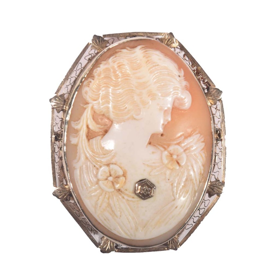 Victorian 14K White Gold Shell and Diamond Habille Cameo Pendant Brooch